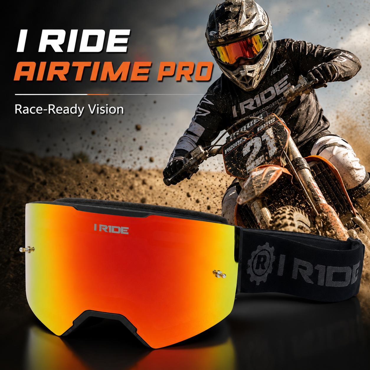 I RIDE AIRTIME PRO Motocross Goggles – Black Frame – Magnetic Lens, Orange Mirror + Clear Lens, 5 Tear-Offs, Hard Case & Bag – MX Dirt Bike ATV UTV Off-Road Race Goggles by Fox Powersports