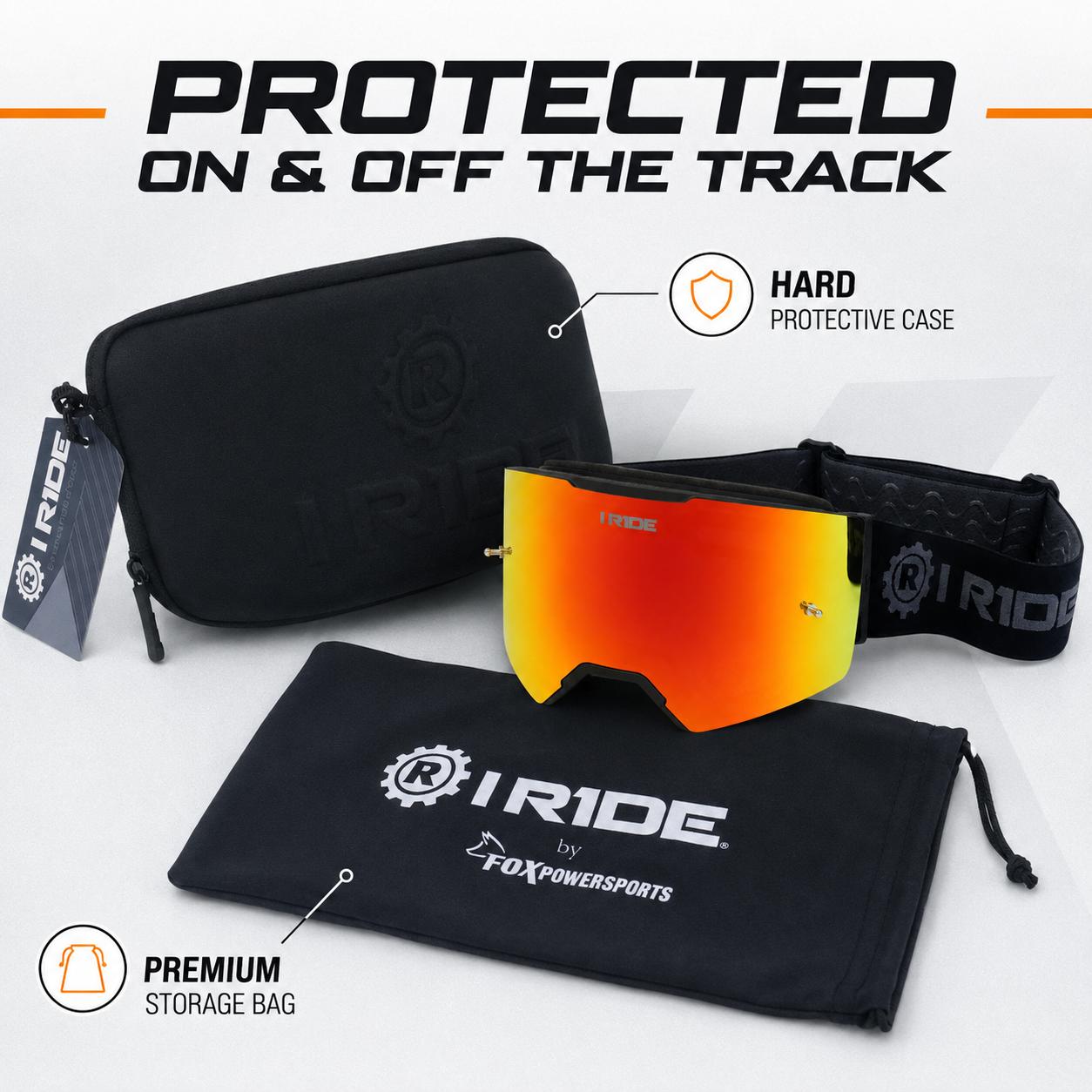 I RIDE AIRTIME PRO Motocross Goggles – Black Frame – Magnetic Lens, Orange Mirror + Clear Lens, 5 Tear-Offs, Hard Case & Bag – MX Dirt Bike ATV UTV Off-Road Race Goggles by Fox Powersports