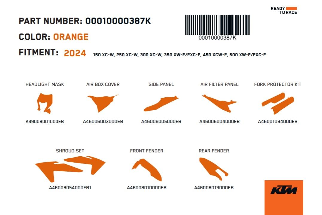 Genuine KTM Orange Dirt Bike Plastic Kit Enduro Version. Contains All Plastic Pieces in One Box