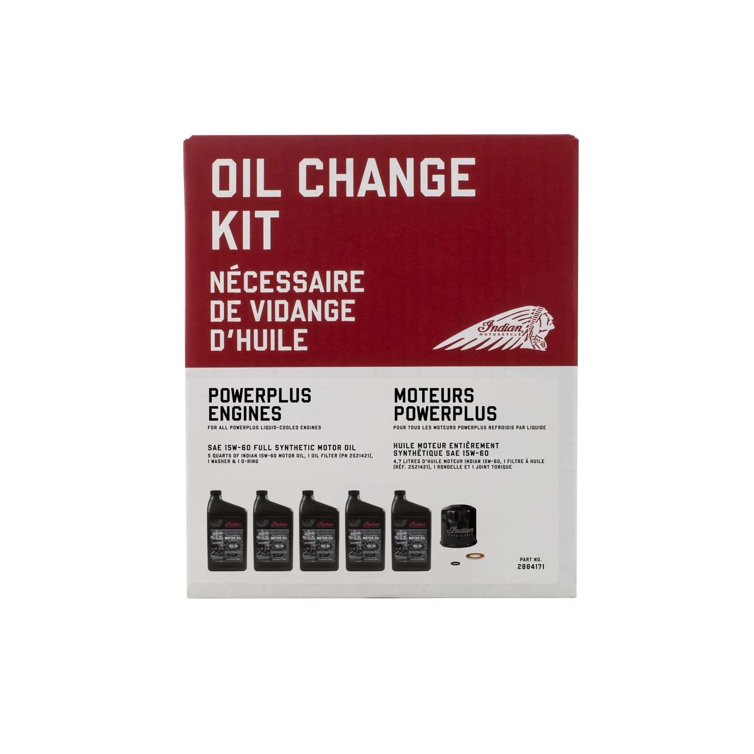 Indian Motorcycle PowerPlus Oil Change Kit, Fits Indian PowerPlus, 2884171, 5 Quarts of Full Synthetic 15W60 Motor Oil, 1 Oil Filter, 1 Washer, 1 O-Ring