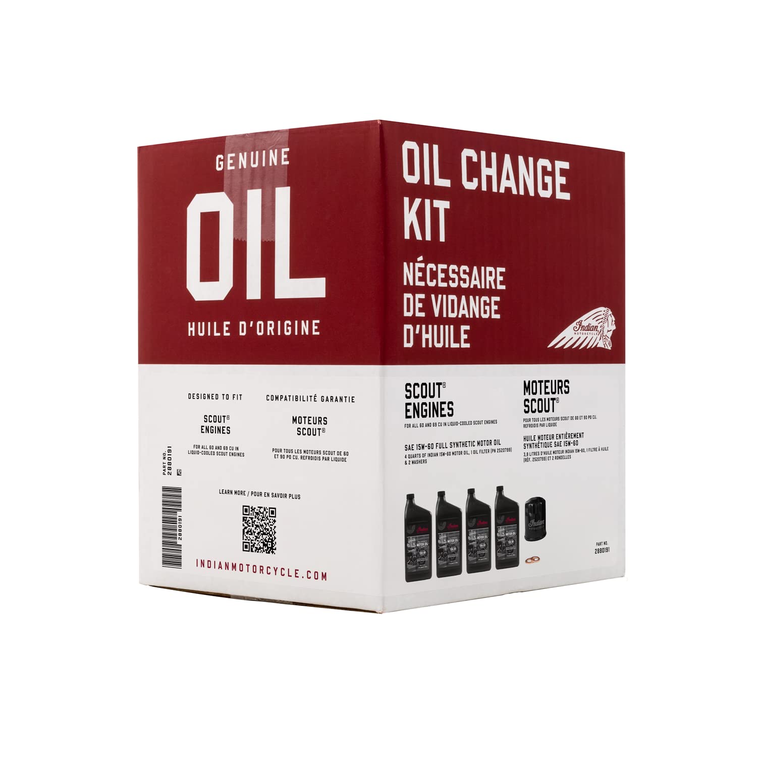 Indian Motorcycle Oil Change Kit for All 60 & 69 Cu In Liquid-Cooled Scout Engines, 4 Quarts 15W-60 Full Synthetic Oil, 1 Oil Filter, 2 Washers, Clutch Performance, Engine Protection - 2880191