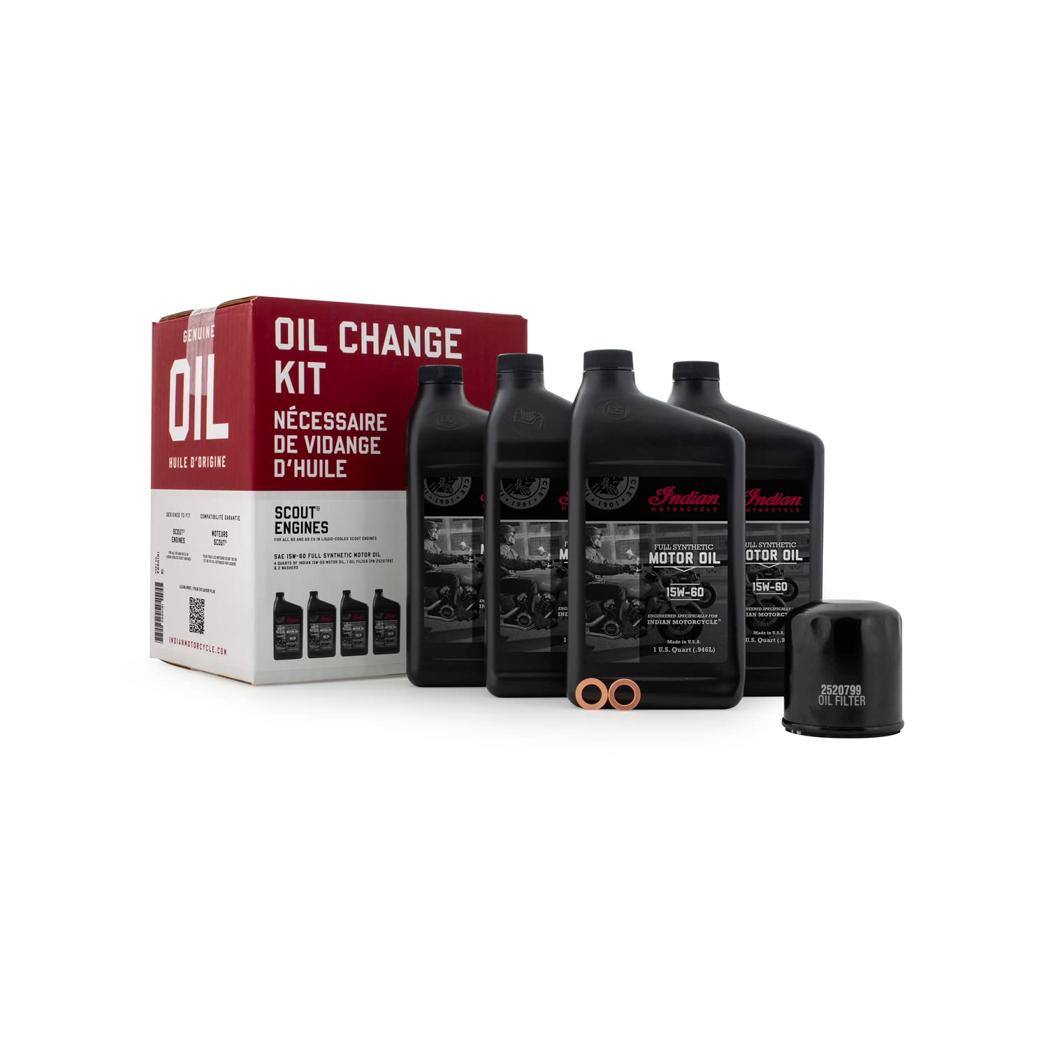 Indian Motorcycle Oil Change Kit for All 60 & 69 Cu In Liquid-Cooled Scout Engines, 4 Quarts 15W-60 Full Synthetic Oil, 1 Oil Filter, 2 Washers, Clutch Performance, Engine Protection - 2880191
