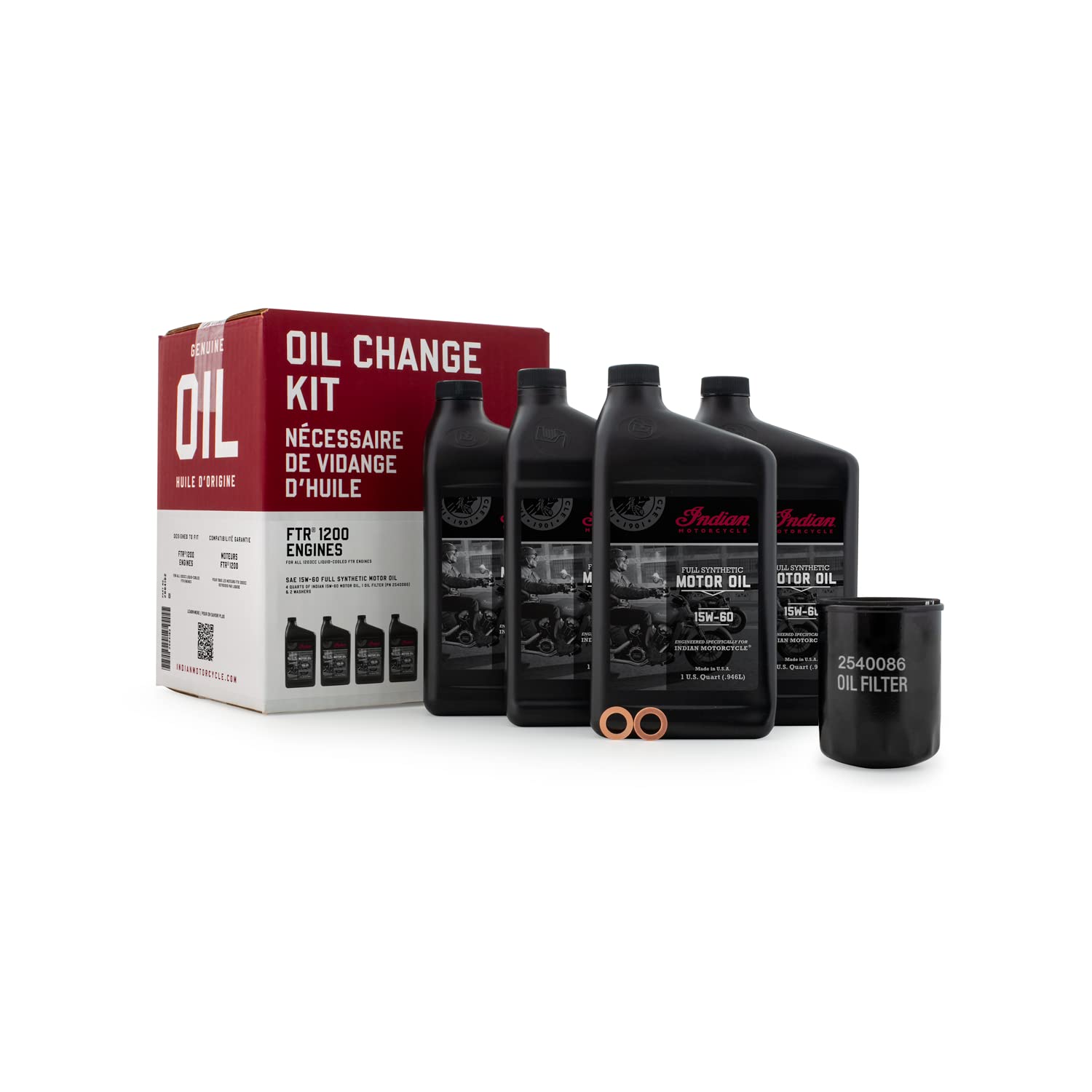Indian Motorcycle FTR Oil Change Kit, 2884182, 4 Quarts of Full Synthetic 15W60 Motor Oil, 1 Oil Filter, 2 Washers