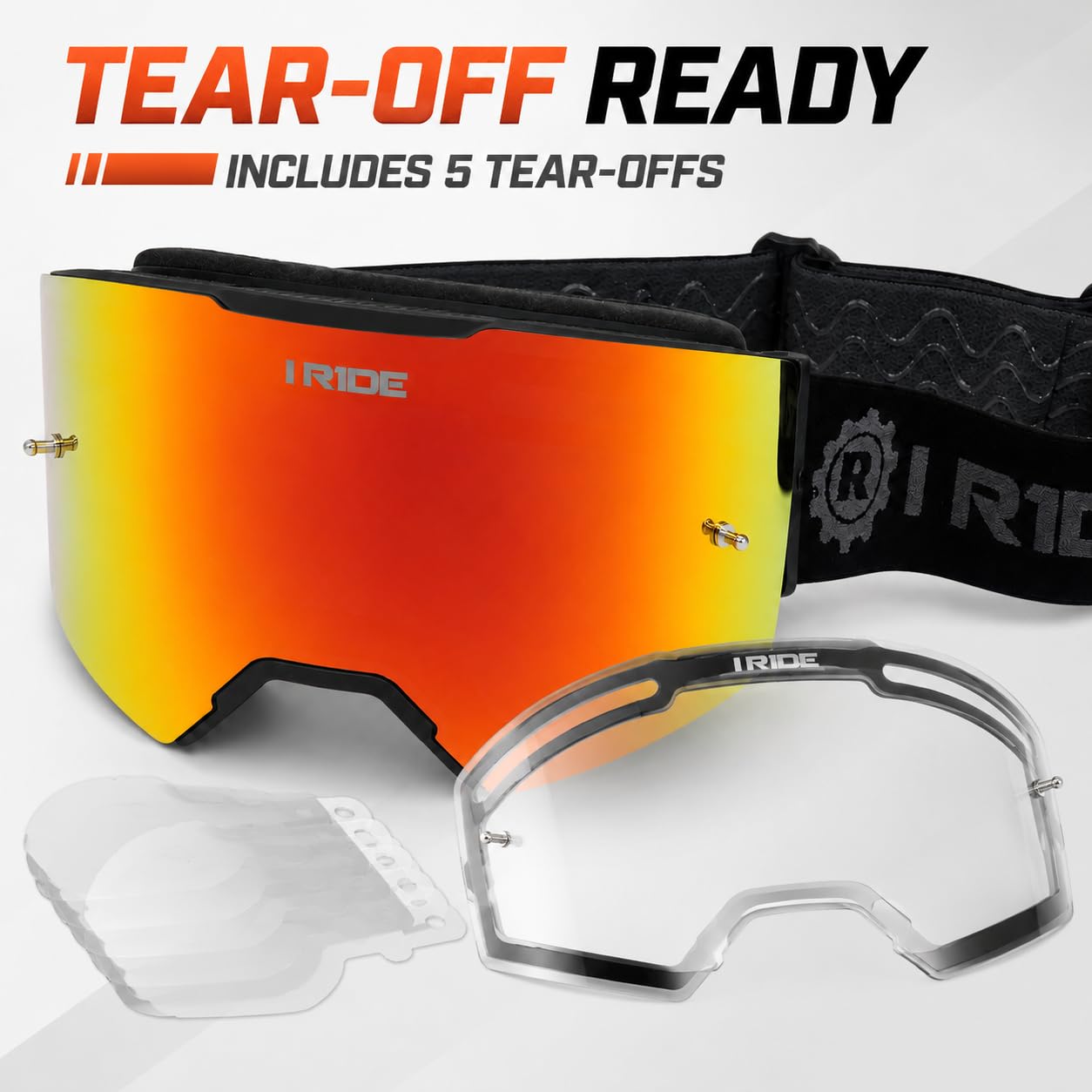 I RIDE AIRTIME PRO Motocross Goggles – Black Frame – Magnetic Lens, Orange Mirror + Clear Lens, 5 Tear-Offs, Hard Case & Bag – MX Dirt Bike ATV UTV Off-Road Race Goggles by Fox Powersports