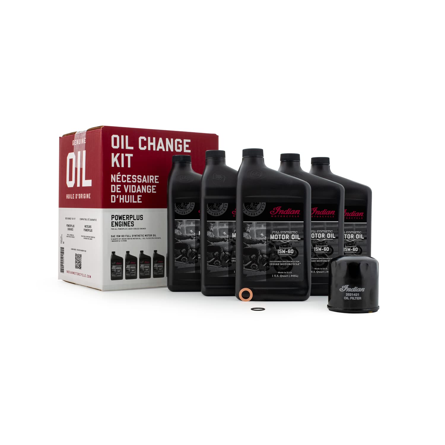 Indian Motorcycle PowerPlus Oil Change Kit, Fits Indian PowerPlus, 2884171, 5 Quarts of Full Synthetic 15W60 Motor Oil, 1 Oil Filter, 1 Washer, 1 O-Ring