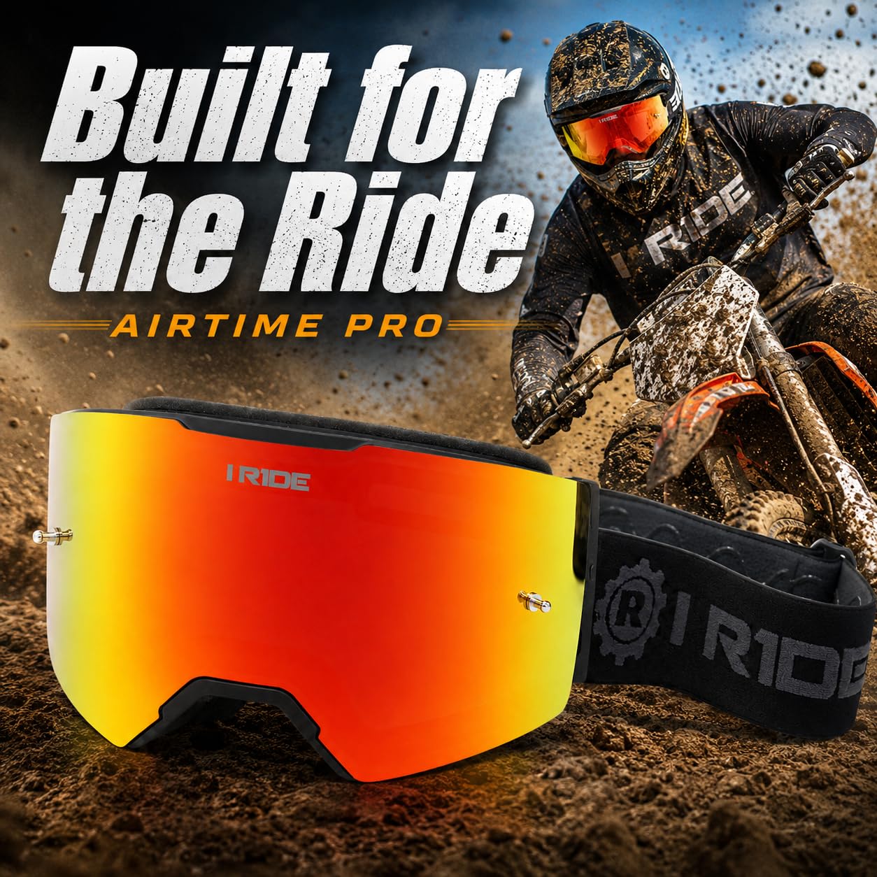 I RIDE AIRTIME PRO Motocross Goggles – Black Frame – Magnetic Lens, Orange Mirror + Clear Lens, 5 Tear-Offs, Hard Case & Bag – MX Dirt Bike ATV UTV Off-Road Race Goggles by Fox Powersports