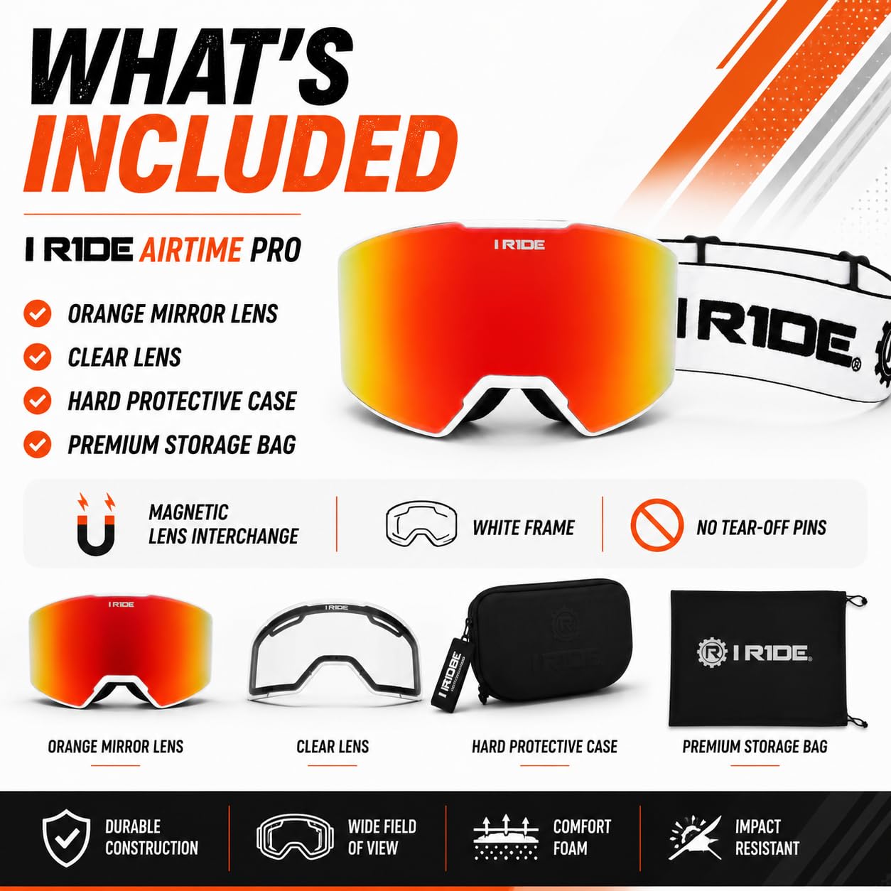 I RIDE AIRTIME PRO Motocross Goggles – White Frame – Magnetic Lens Interchange, Orange Mirror + Clear Lens, Hard Case & Bag – MX Dirt Bike ATV UTV Off-Road Race Goggles by Fox Powersports