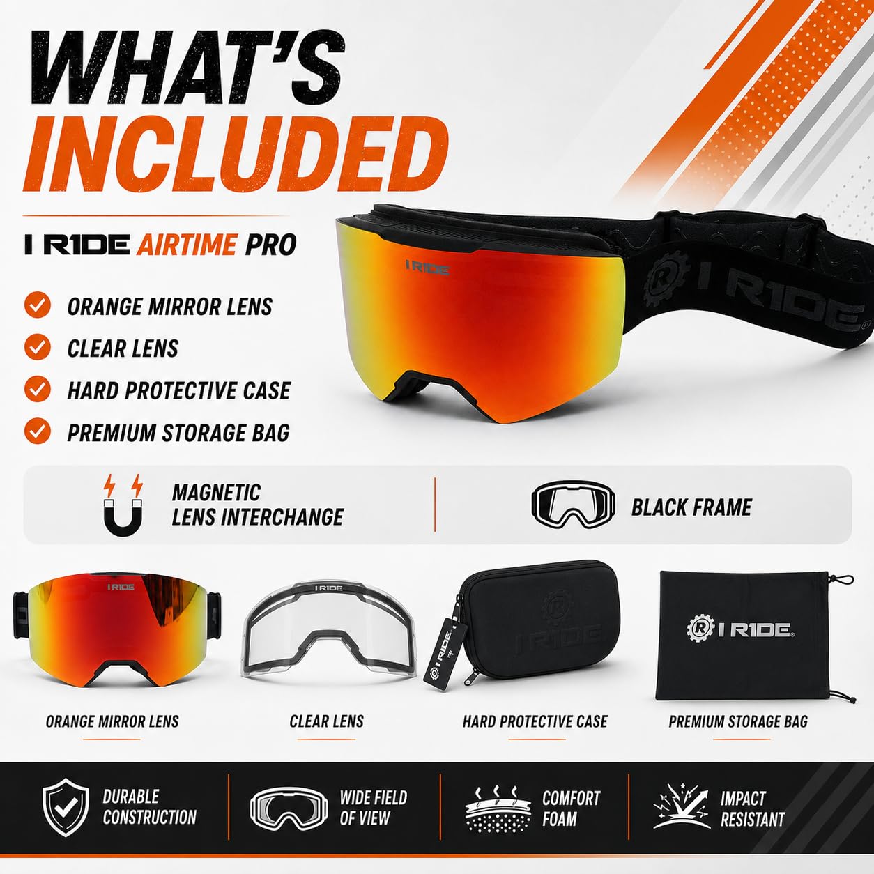 I RIDE AIRTIME PRO Motocross Goggles – Black Frame – Magnetic Lens Interchange, Orange Mirror + Clear Lens, Hard Case & Bag – MX Dirt Bike ATV UTV Off-Road Race Goggles by Fox Powersports