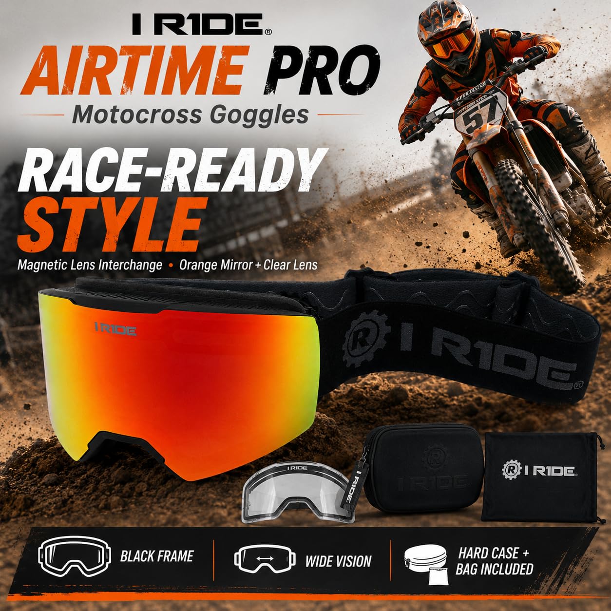 I RIDE AIRTIME PRO Motocross Goggles – Black Frame – Magnetic Lens Interchange, Orange Mirror + Clear Lens, Hard Case & Bag – MX Dirt Bike ATV UTV Off-Road Race Goggles by Fox Powersports