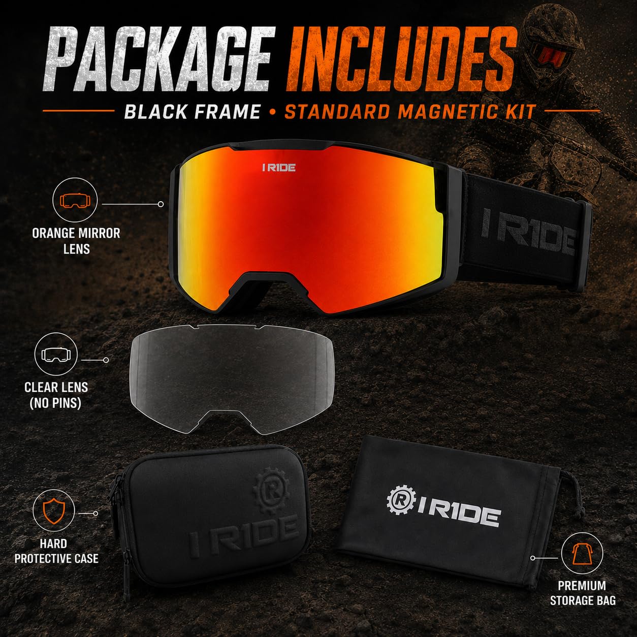 I RIDE AIRTIME PRO Motocross Goggles – Black Frame – Magnetic Lens Interchange, Orange Mirror + Clear Lens, Hard Case & Bag – MX Dirt Bike ATV UTV Off-Road Race Goggles by Fox Powersports