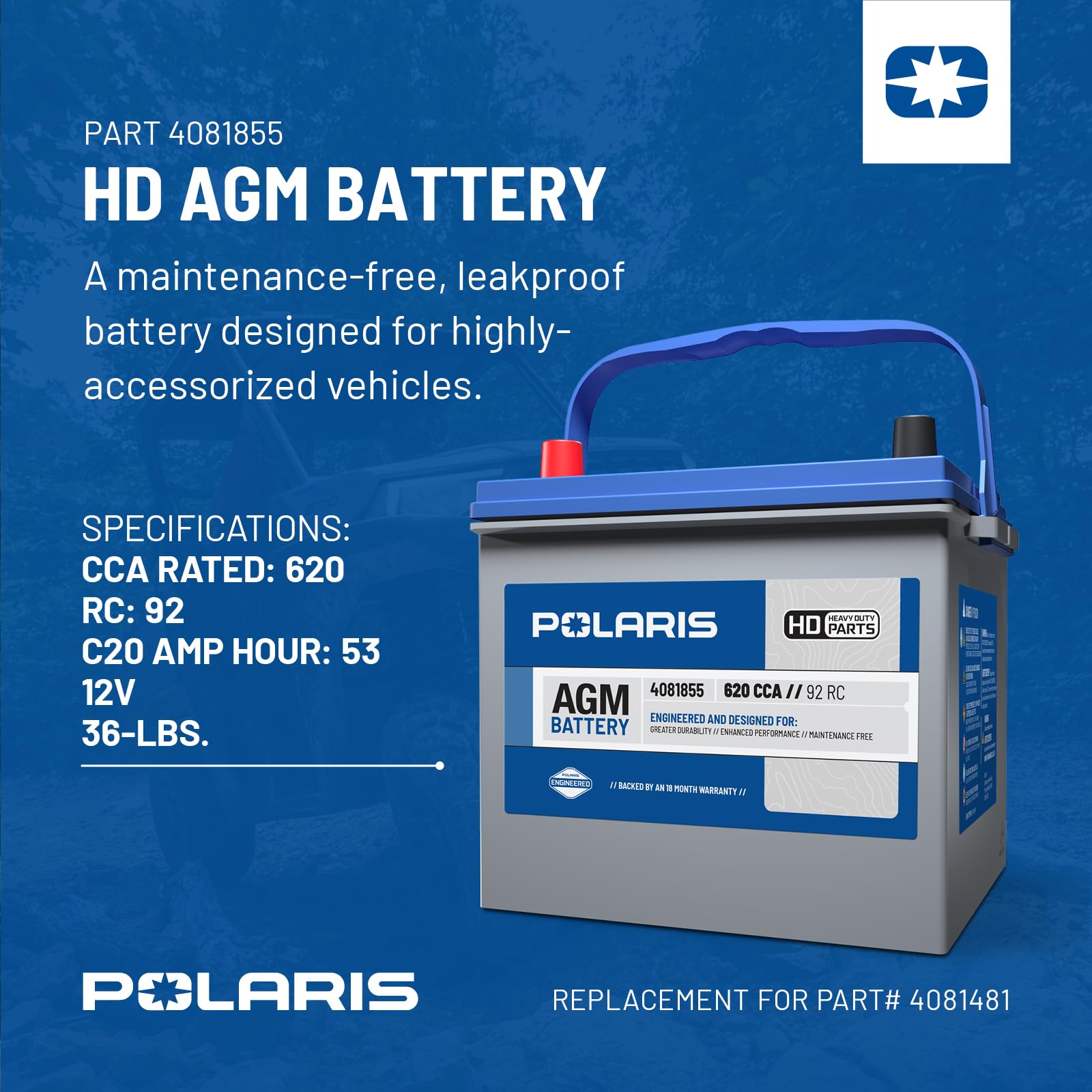 Polaris Off Road HD AGM Battery Specific for Ranger 1000 Premium, Ranger 1000 EPS, Ranger SP 570, Ranger 1000, Ranger XP 900 EPS, Ranger 800 EPS, Ranger Diesel, Ranger Crew Diesel, Part 4081855