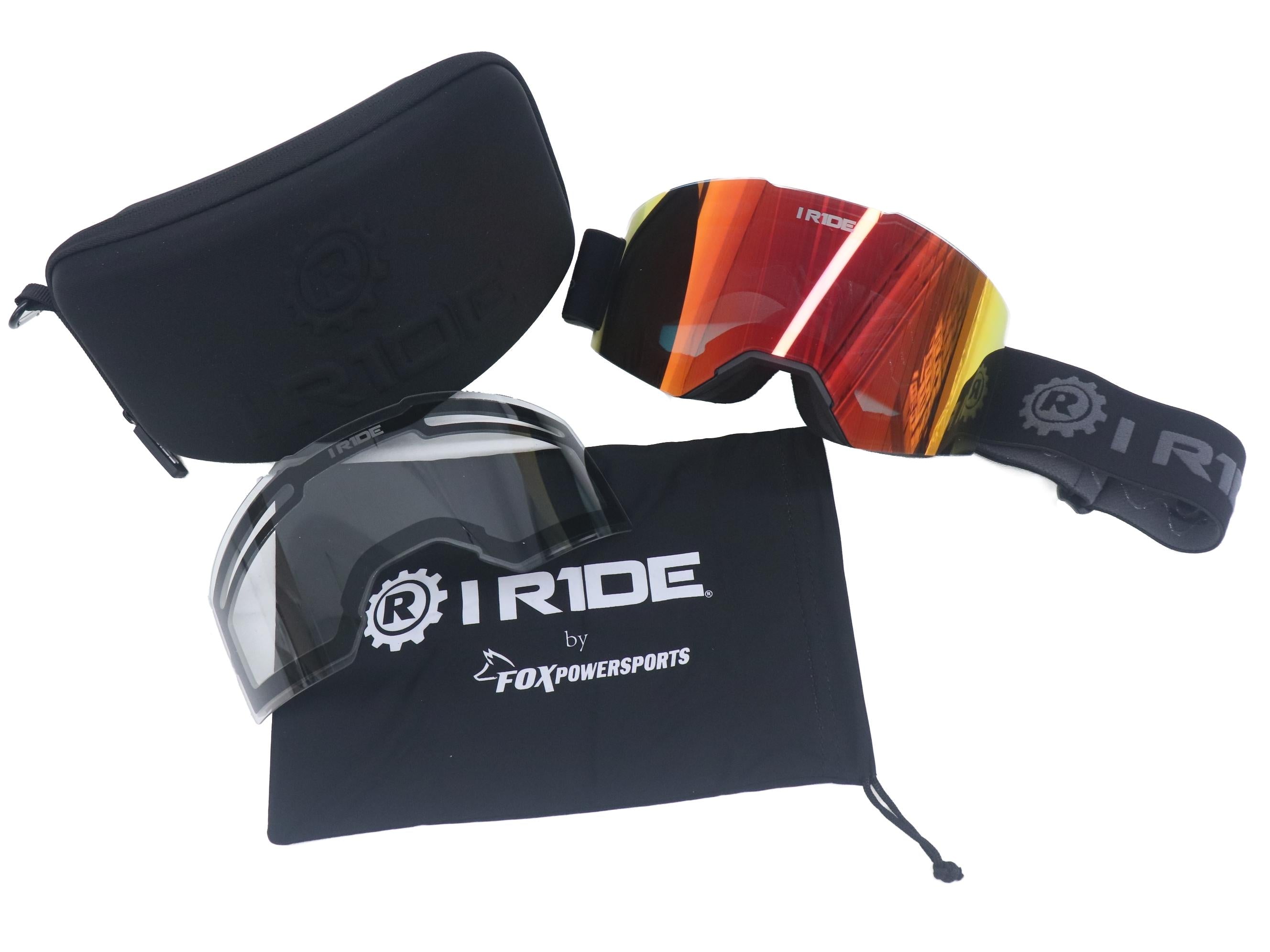 I RIDE AIRTIME PRO Motocross Goggles – Black Frame – Magnetic Lens Interchange, Orange Mirror + Clear Lens, Hard Case & Bag – MX Dirt Bike ATV UTV Off-Road Race Goggles by Fox Powersports