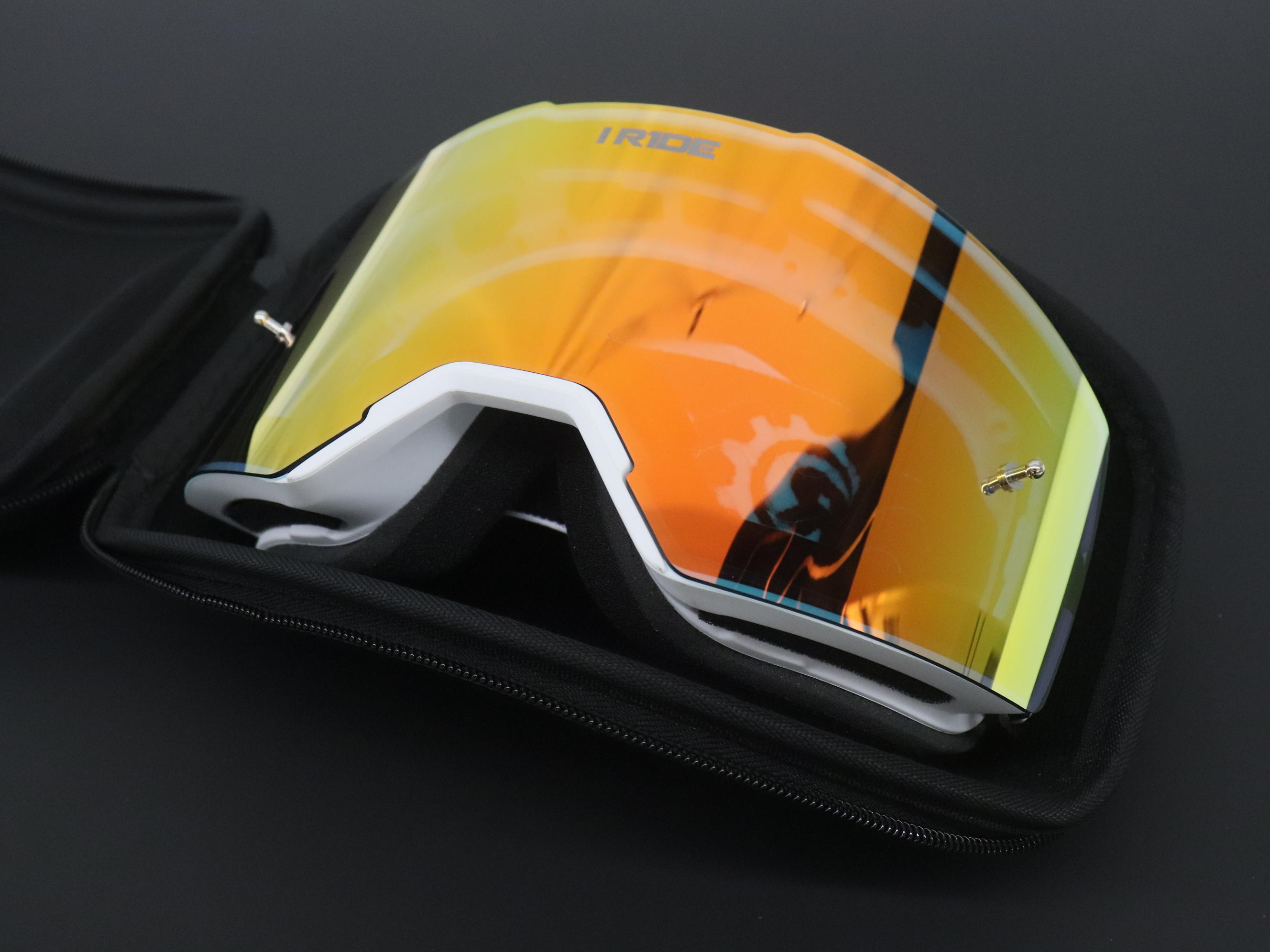 I RIDE AIRTIME PRO Motocross Goggles – White Frame – Magnetic Lens, Orange Mirror + Clear Lens, 5 Tear-Offs, Hard Case & Bag – MX Dirt Bike ATV UTV Off-Road Race Goggles by Fox Powersports
