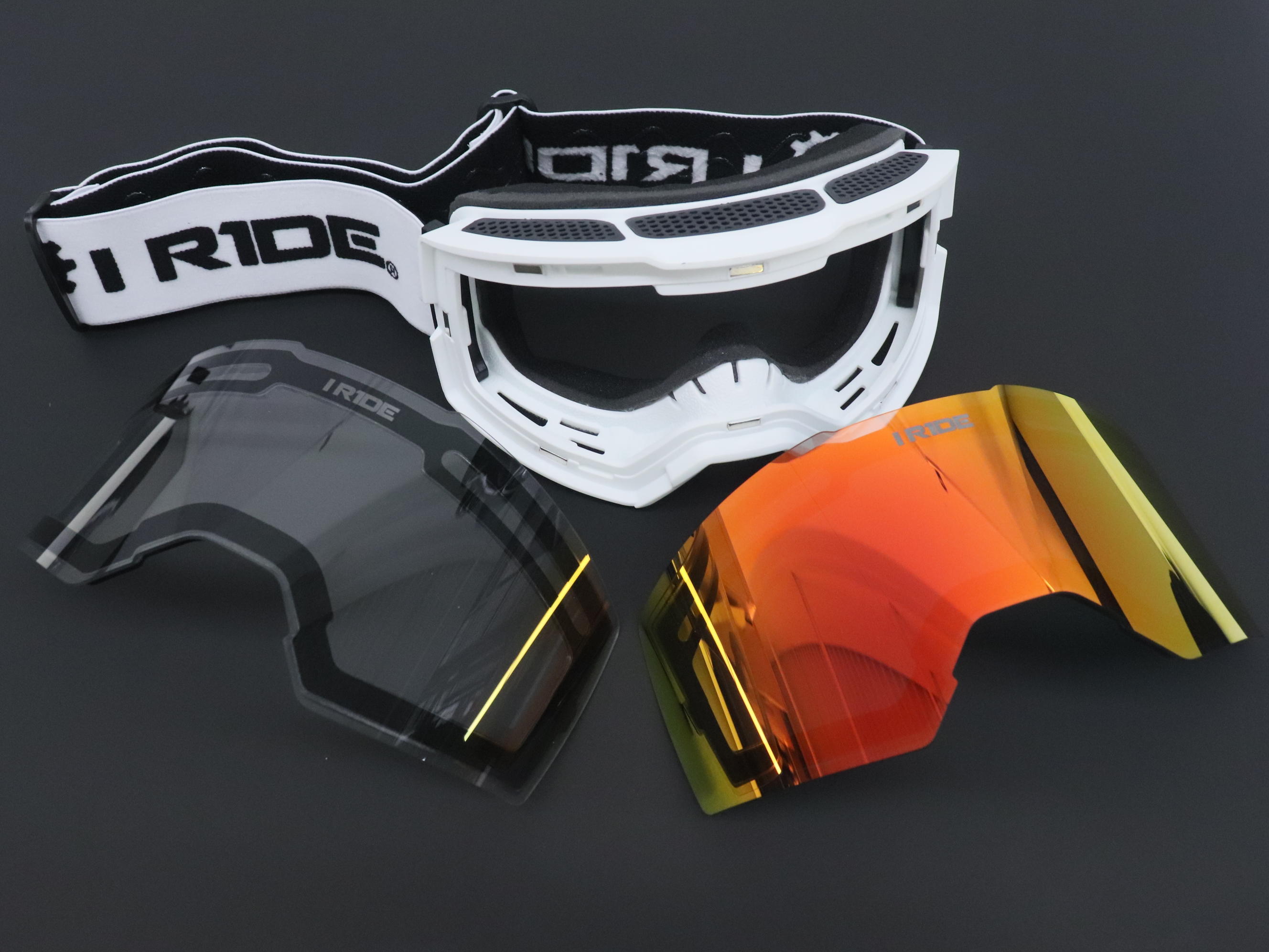 I RIDE AIRTIME PRO Motocross Goggles – White Frame – Magnetic Lens Interchange, Orange Mirror + Clear Lens, Hard Case & Bag – MX Dirt Bike ATV UTV Off-Road Race Goggles by Fox Powersports