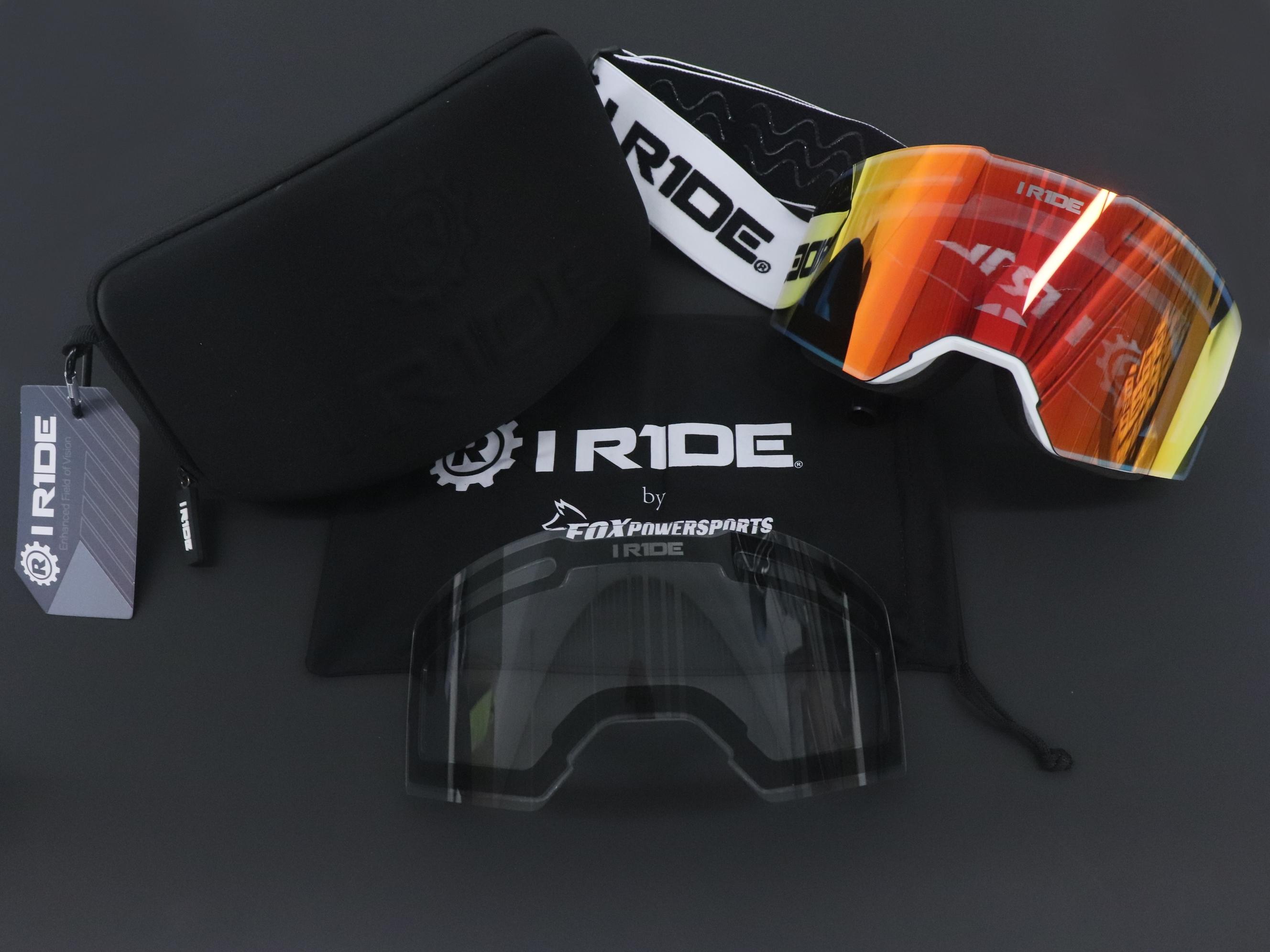 I RIDE AIRTIME PRO Motocross Goggles – White Frame – Magnetic Lens Interchange, Orange Mirror + Clear Lens, Hard Case & Bag – MX Dirt Bike ATV UTV Off-Road Race Goggles by Fox Powersports