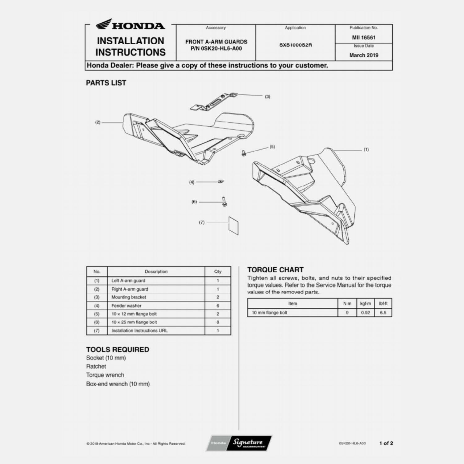 Honda OEM Accessory A-Arm Guard Protection 0SK20-HL6-A00 - Open Box
