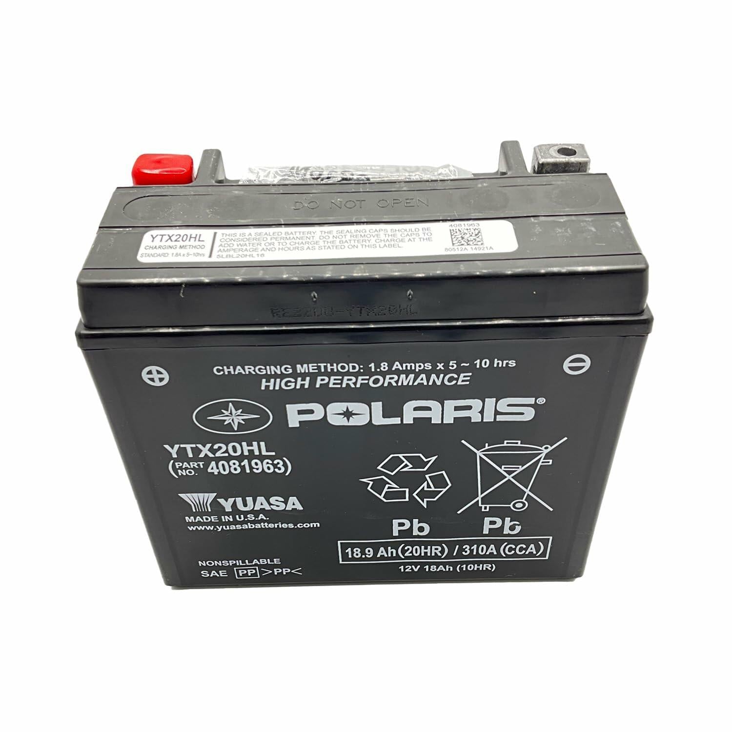 Polaris 12V 18Ah AGM Sealed Rechargeable Battery for Specific Sportsman Scrambler 850, XP 850, XP 1000, RZR 800, S 800 Models and More, YTX20HL, 310A CCA, Non Spillable, Maintenance Free - 4081963