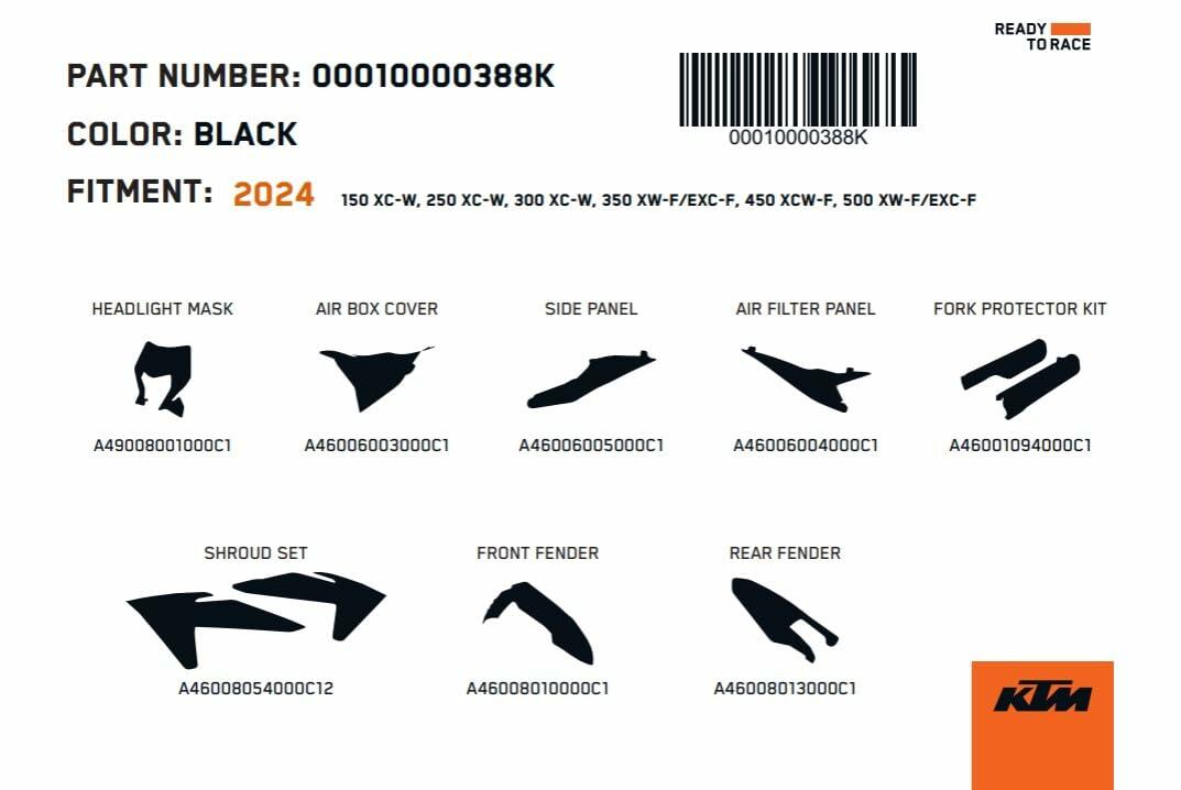 KTM Black Enduro Body Kit Plastics Set 00010000388K Dirt Bike Full Fairing Kit