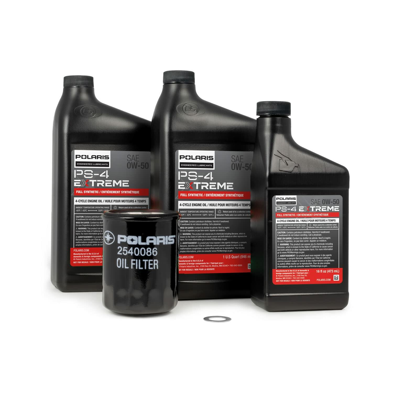 Polaris PS4 Oil Change Kit for Specific RANGER, GENERAL, RZR Models With 4 Stroke Engine, Includes 2.5 Quarts PS-4 EXTREME 0W-50 Full Synthetic Oil, 1 Oil Filter, 1 Washer, ATV UTV SxS - 2890057