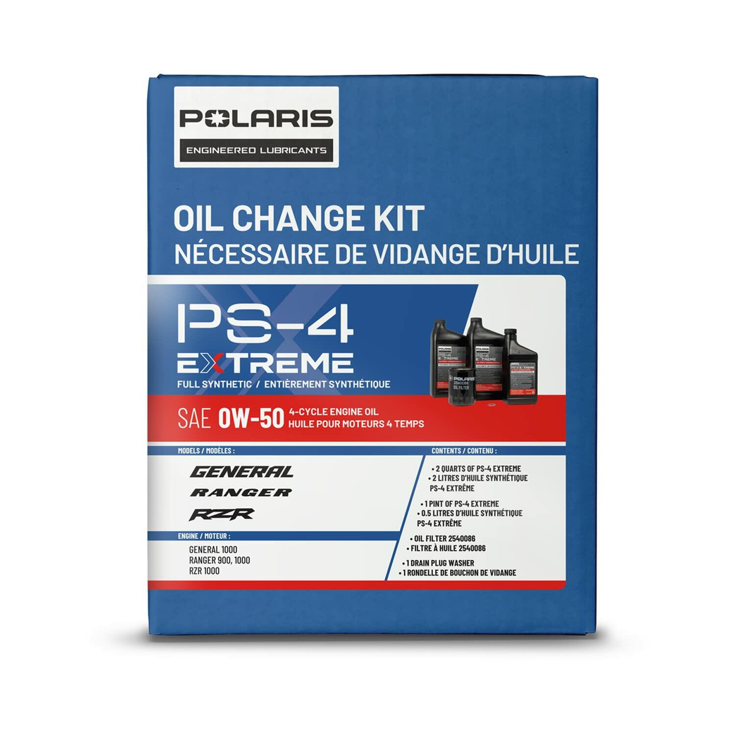 Polaris PS4 Oil Change Kit for Specific RANGER, GENERAL, RZR Models With 4 Stroke Engine, Includes 2.5 Quarts PS-4 EXTREME 0W-50 Full Synthetic Oil, 1 Oil Filter, 1 Washer, ATV UTV SxS - 2890057
