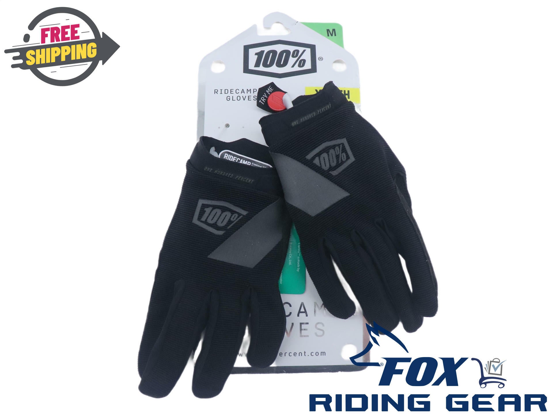 100% RIDECAMP Youth Motocross MX Gloves - YOUTH MD Medium - BLACK - 10018-001