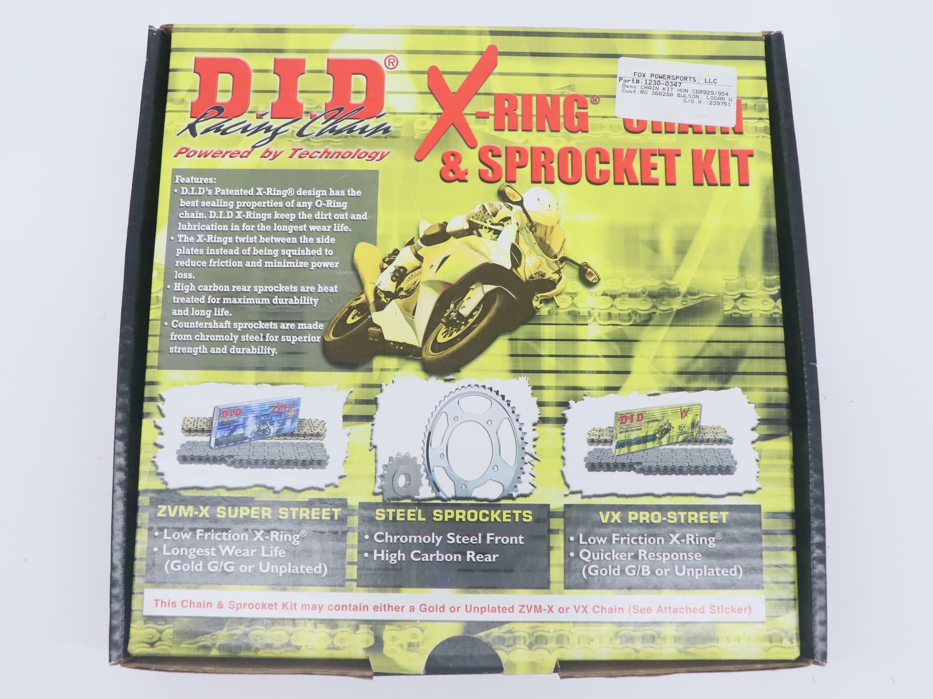 D.I.D 530VX Chain 16/43T Sprocket Kit Honda CBR929RR CBR954RR 00-03 1230-0347