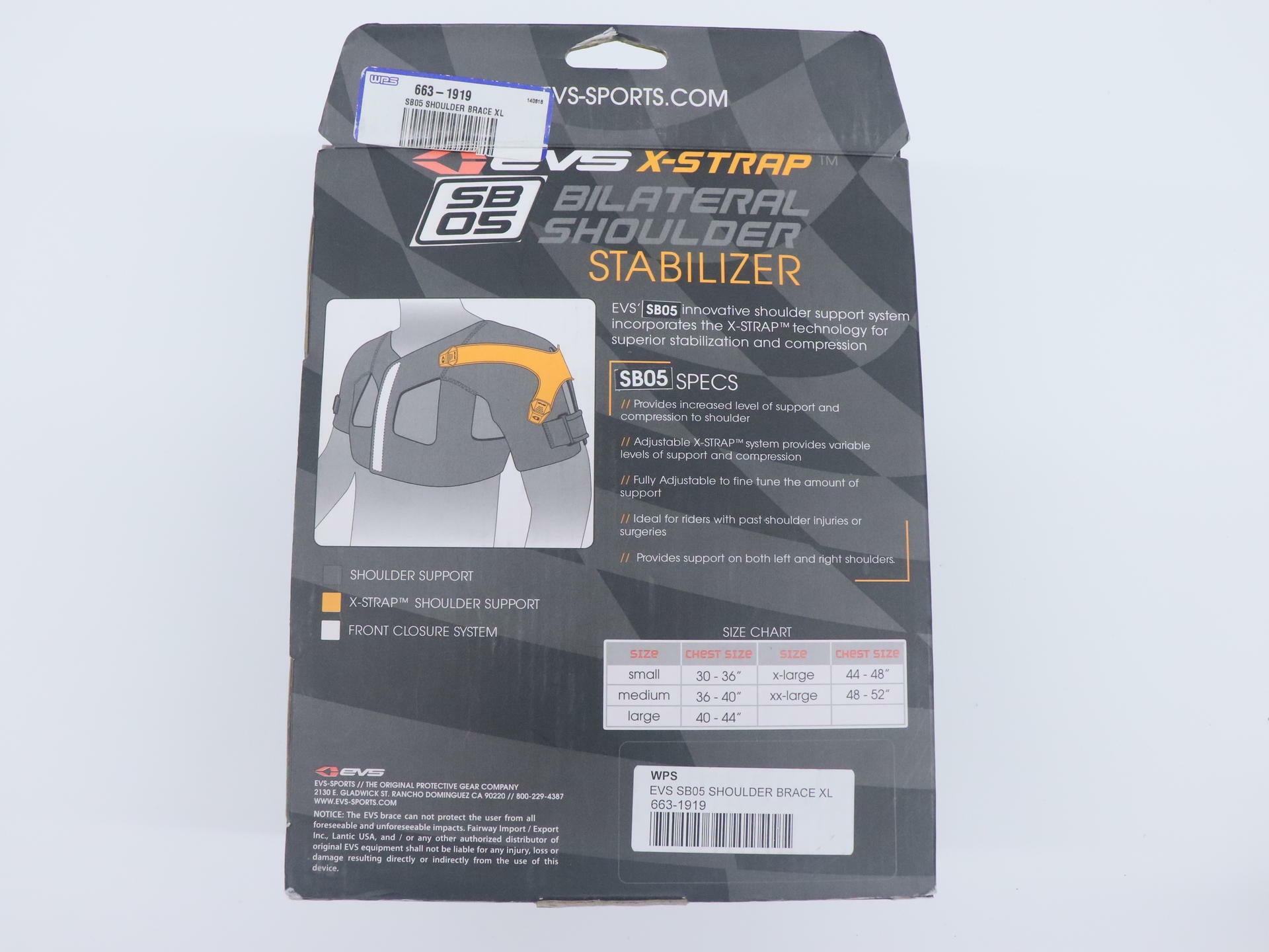 EVS X-Strap Shoulder Support Brace Adult XL 44"-48" 663-1919 - Open Box
