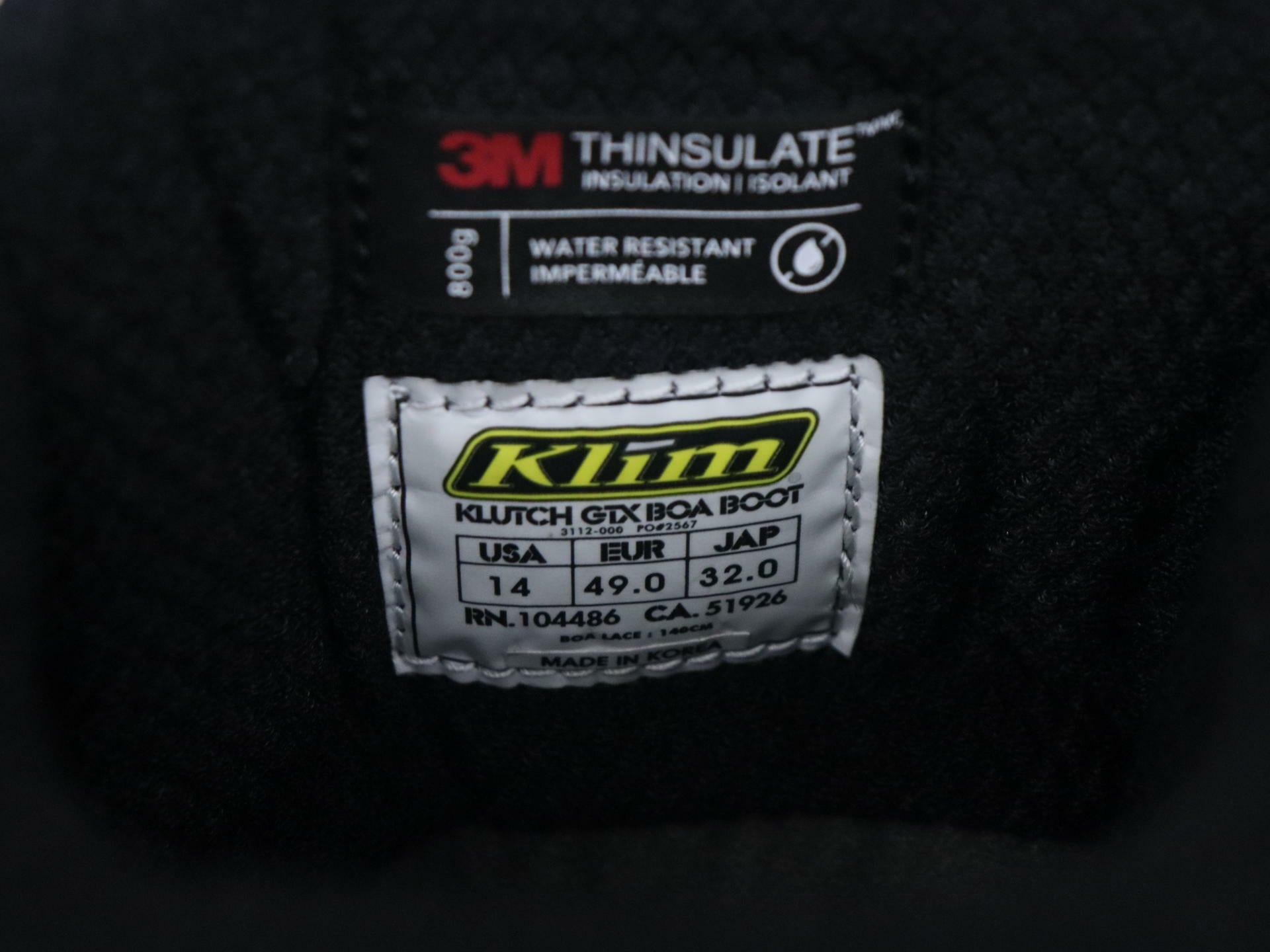 Klim Klutch GTX Boot BLACK BOA Laces Snow - Adult sz14 - 3112-000-014-000