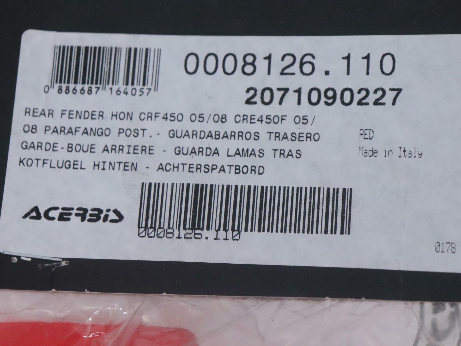 Acerbis REAR Fender Mud Guard RED Honda - 05-08 CRF450R CRF450F - 2071090227