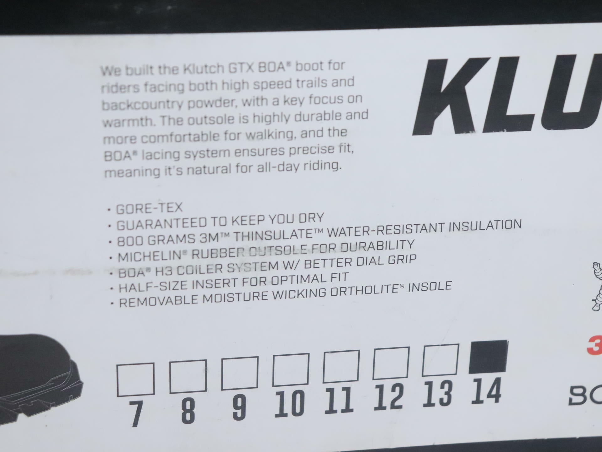 Klim Klutch GTX Boot BLACK BOA Laces Snow - Adult sz14 - 3112-000-014-000