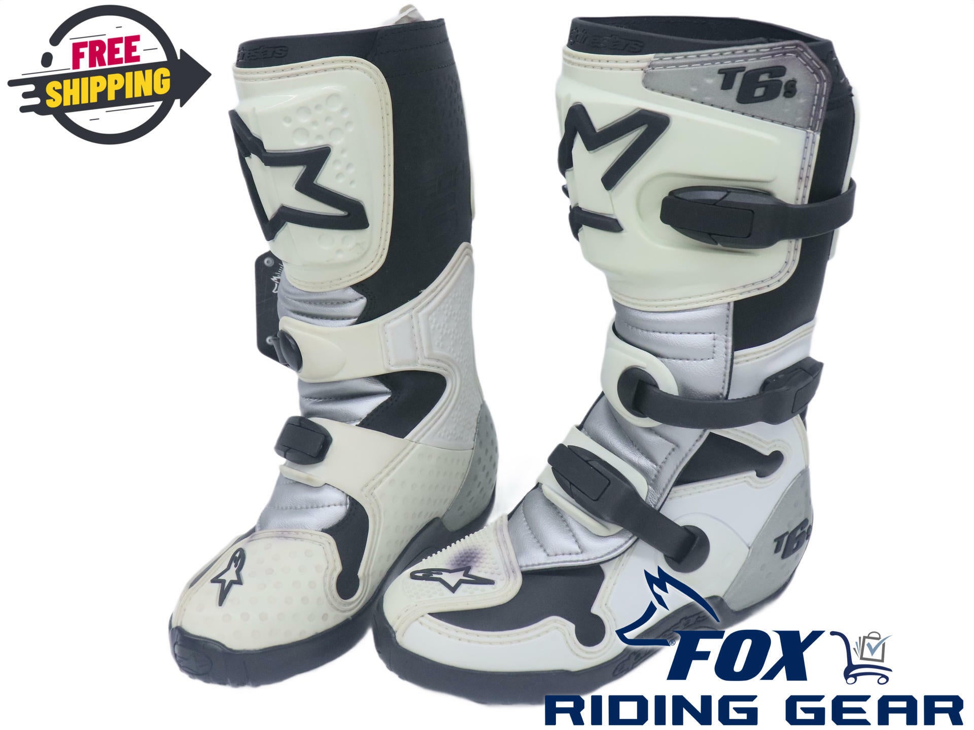 Alpinestars Tech 6s WHITE SILVER Riding Boot Motocross - YOUTH sz4 - 3411-0106
