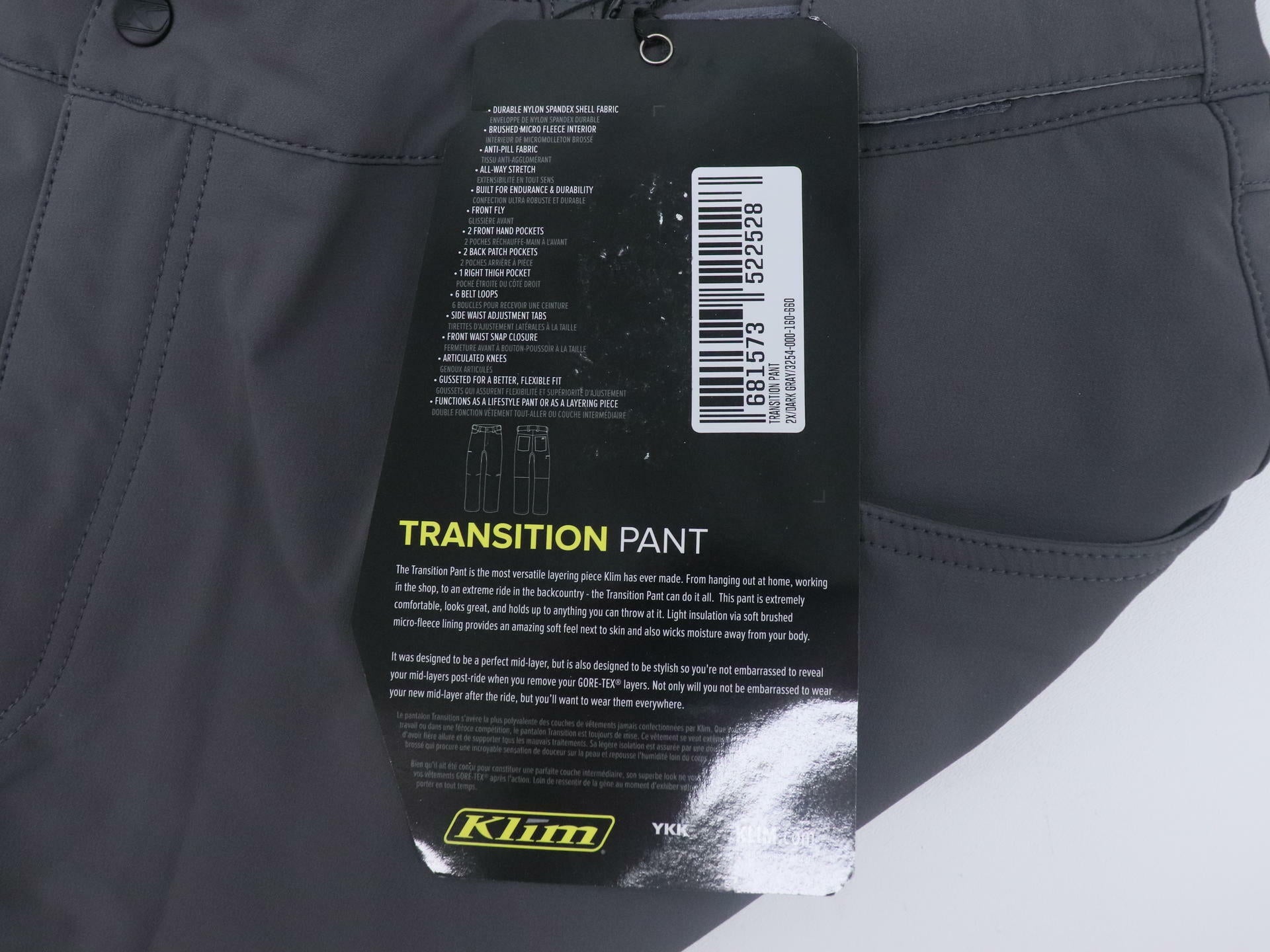 OPEN BOX - KLIM Transition Pant Dark GRAY - MENS 2XL - 3254-000-160-660