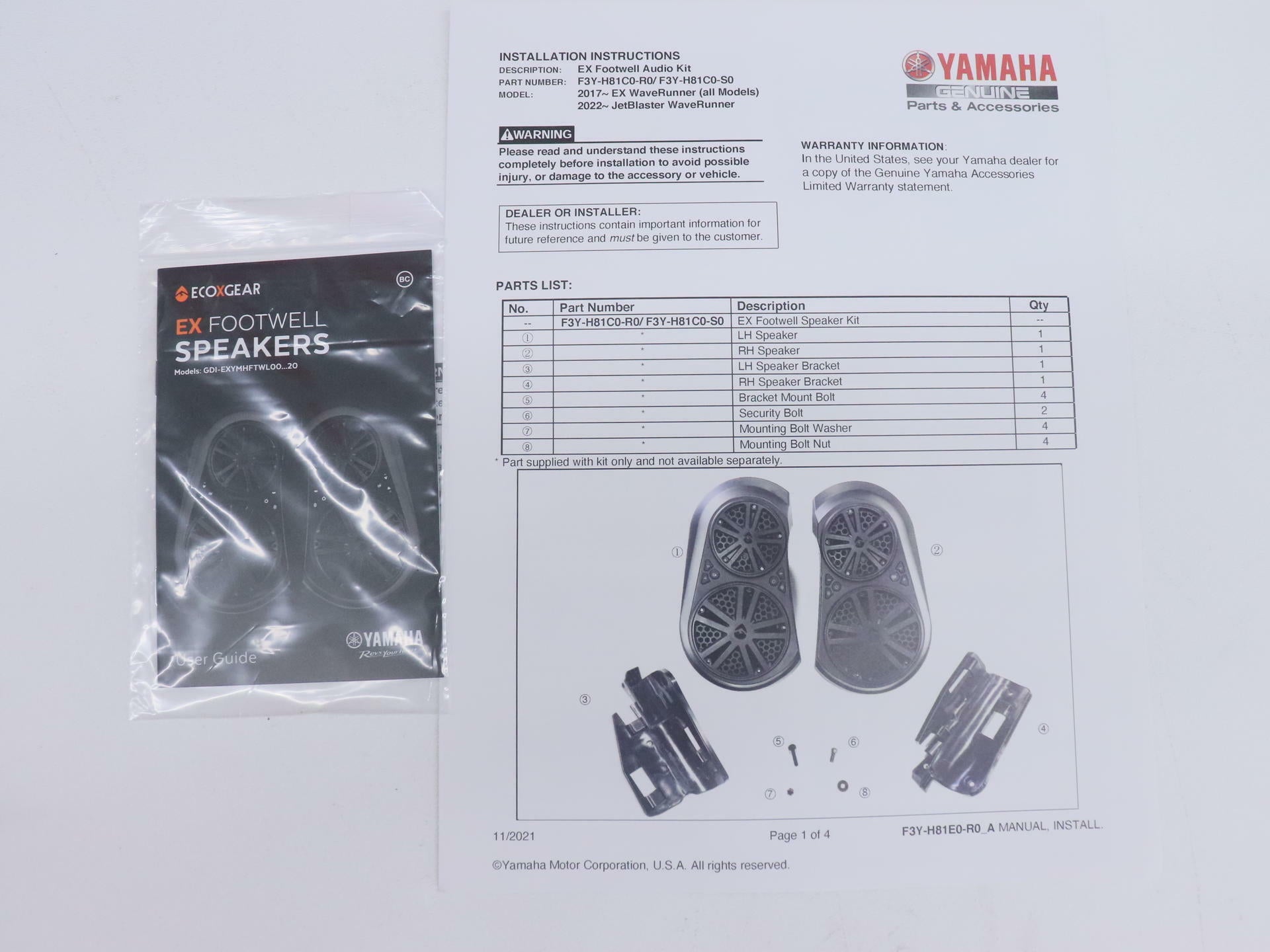 Yamaha EX JetBlaster Footwell Audio Speaker Kit F3Y-H81C0-R0-00 - Open Box