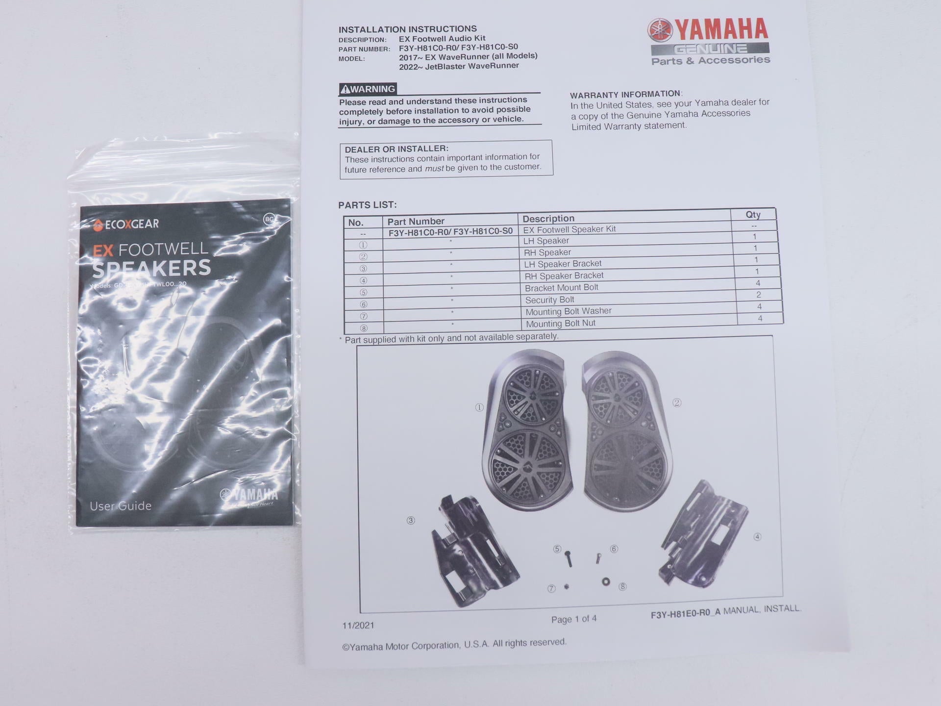 OPEN BOX - OEM Yamaha Footwell Audio Speaker Kit EX JetBlaster - F3Y-H81C0-S0-00