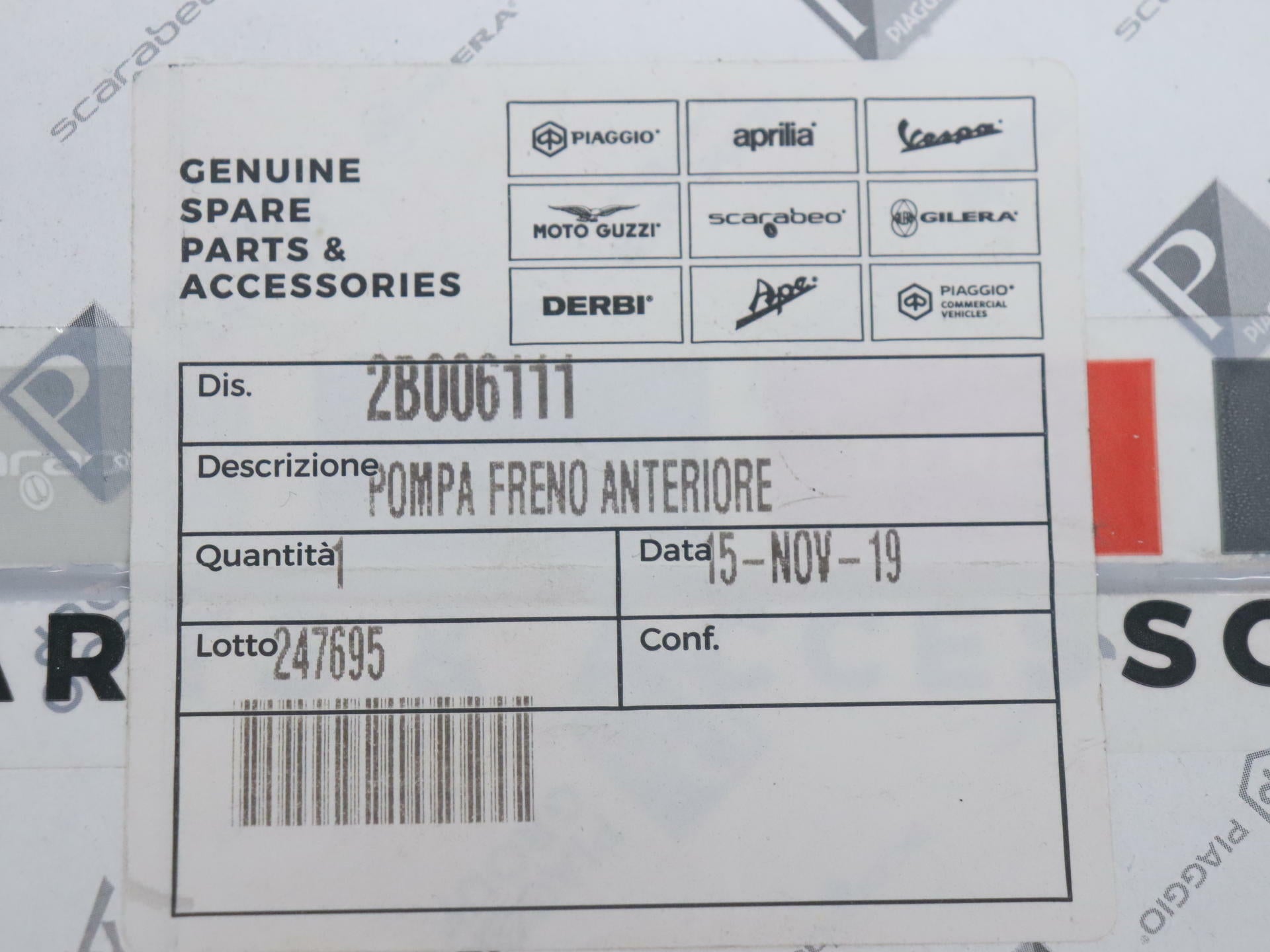 OPEN BOX - OEM Moto Guzzi FRONT Master Cylinder Brake Lever Assy - 2B006111