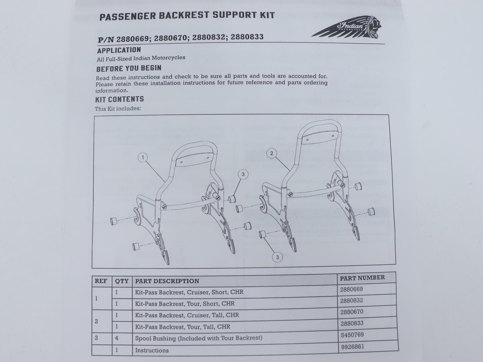 Indian OEM Quick Release 12in Chrome Sissy Bar 2880669-156 - Open Box