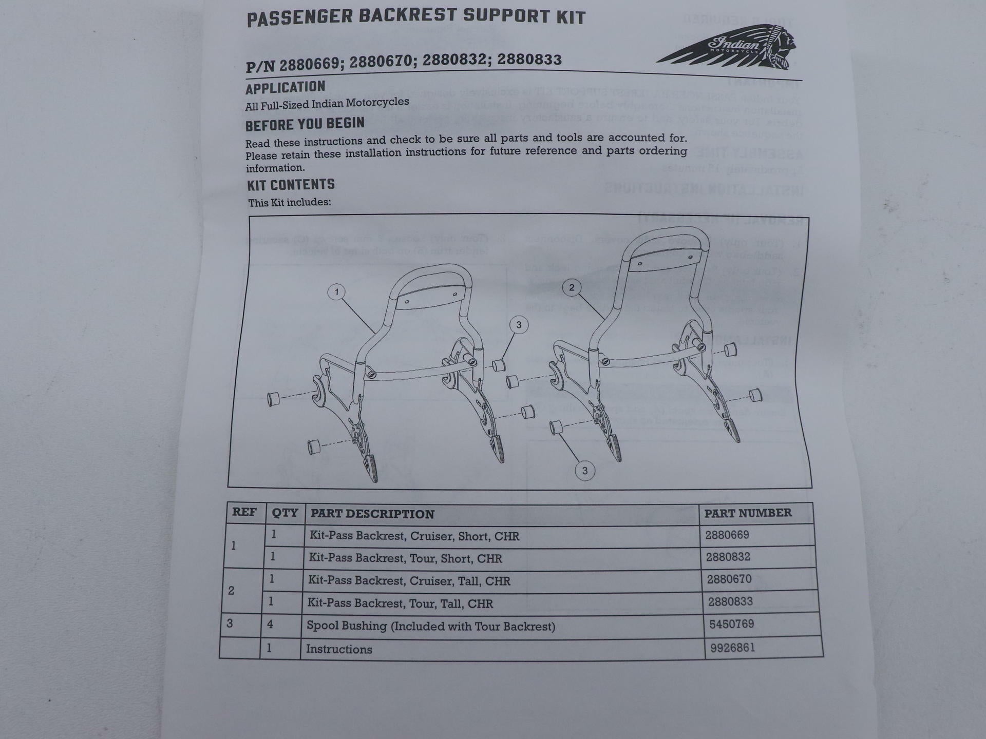 OPEN BOX - OEM Indian Sissy Bar Quick Release Tall 14inch CHROME - 2880670-156