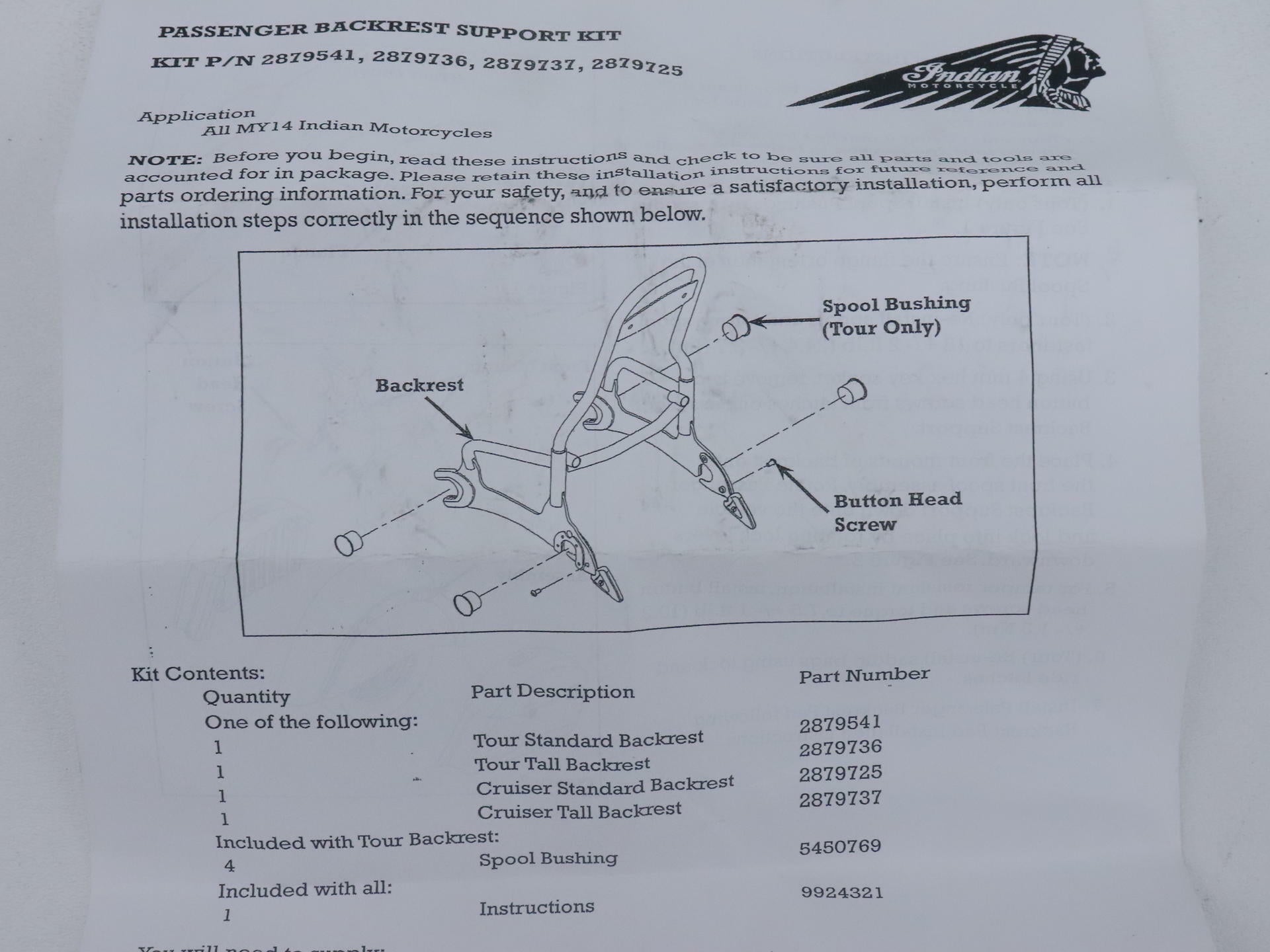 OPEN BOX - OEM Indian 12" Sissy Bar Quick Release Passenger Chrome - 2879725-156
