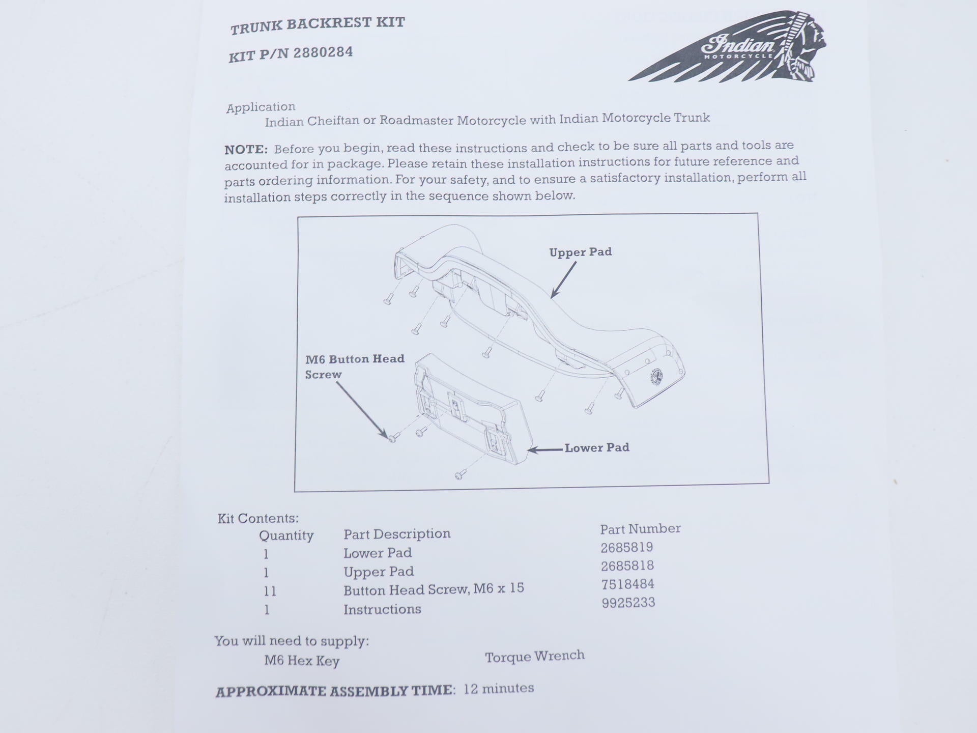 OPEN BOX - OEM Indian Passenger Trunk Backrest Pad - Quilted BLACK - 2880284-02