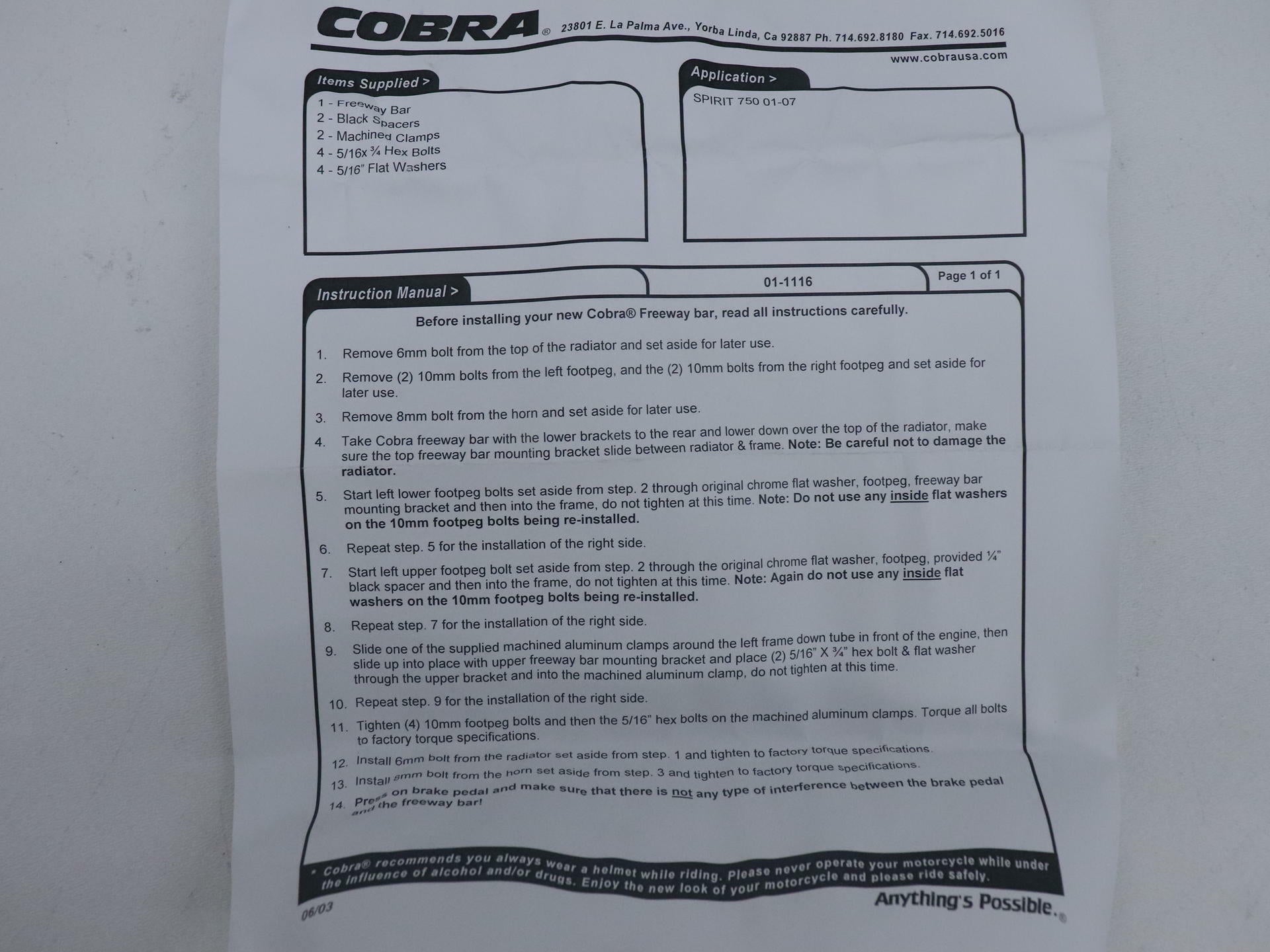 Cobra Freeway Highway Bars Honda VT750 Shadow Spirit Crash Bar 01-1116 - Open Box