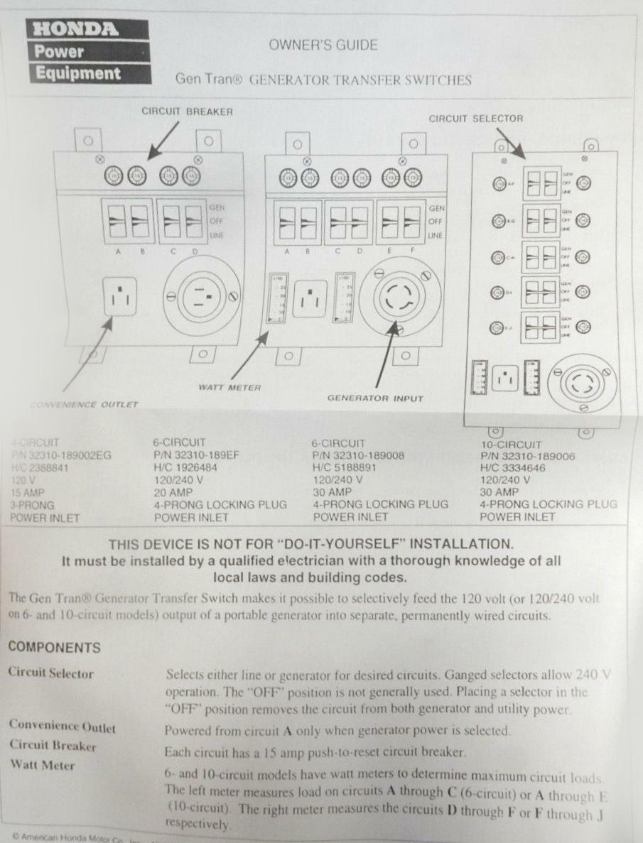 Honda 10-Circuit Transfer Switch 120/240v Generator 32310-189006 - Open Box