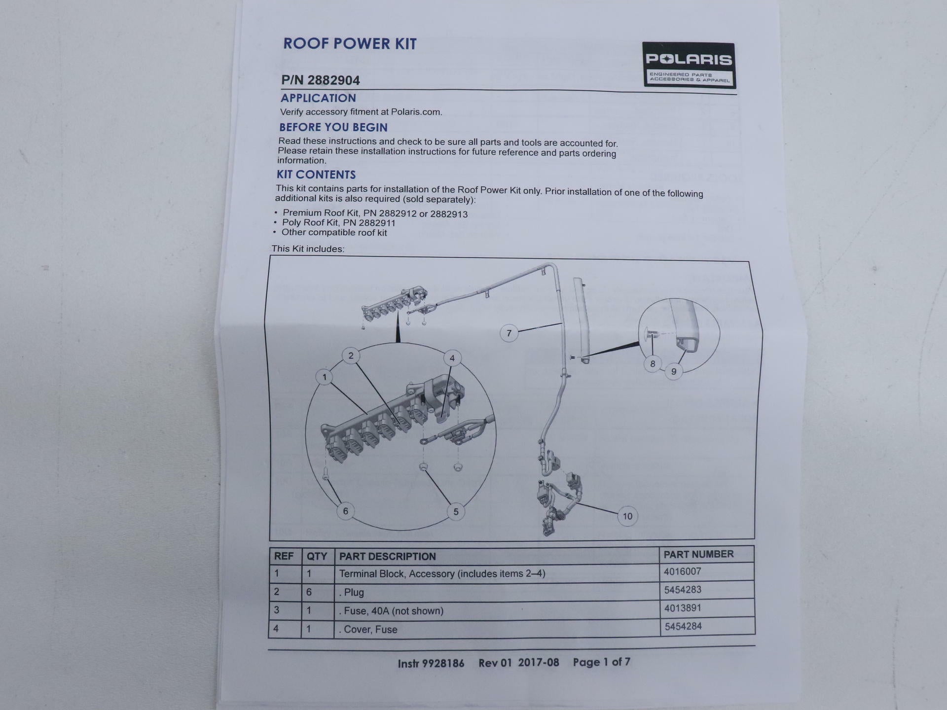 OPEN BOX - OEM Polaris Pulse Roof Buspar w/Hardware - Ranger XP - 2882904