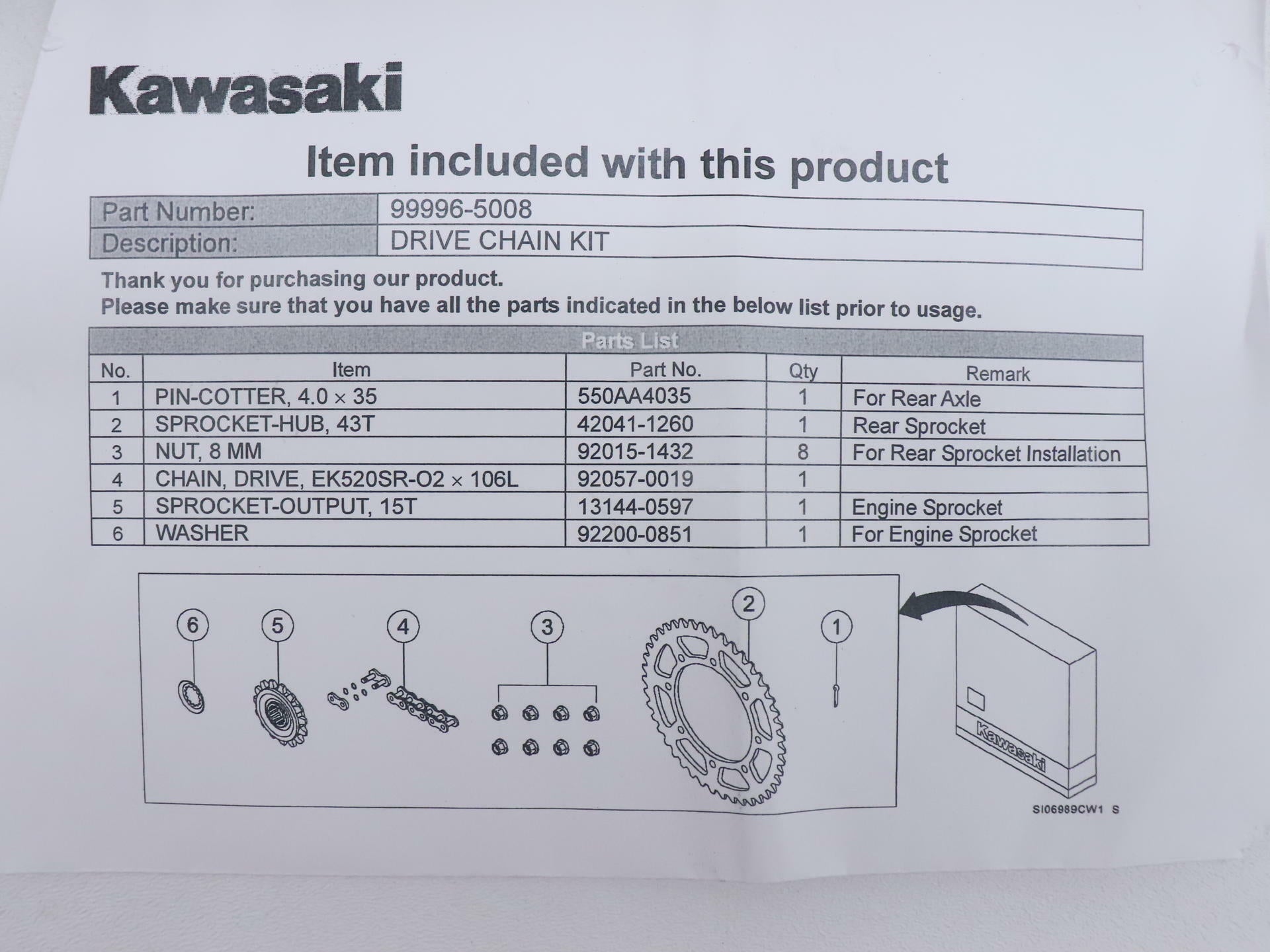 Kawasaki OEM Drive Chain Sprocket Kit KLR650 2014-2018 - 99996-5008 - Open Box