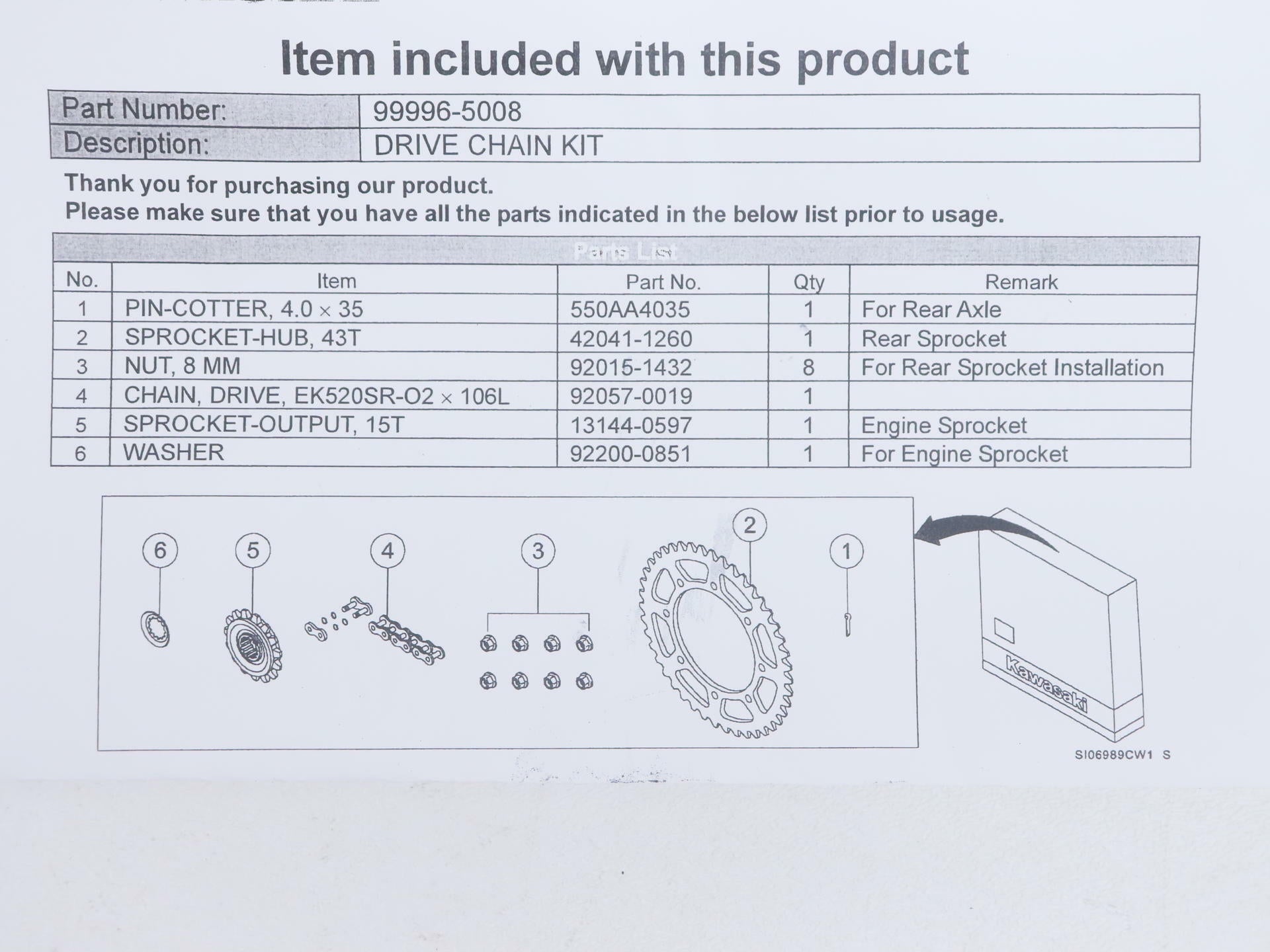 Kawasaki OEM Drive Chain Sprocket Kit KLR650 2014-2018 99996-5008 - Open Box
