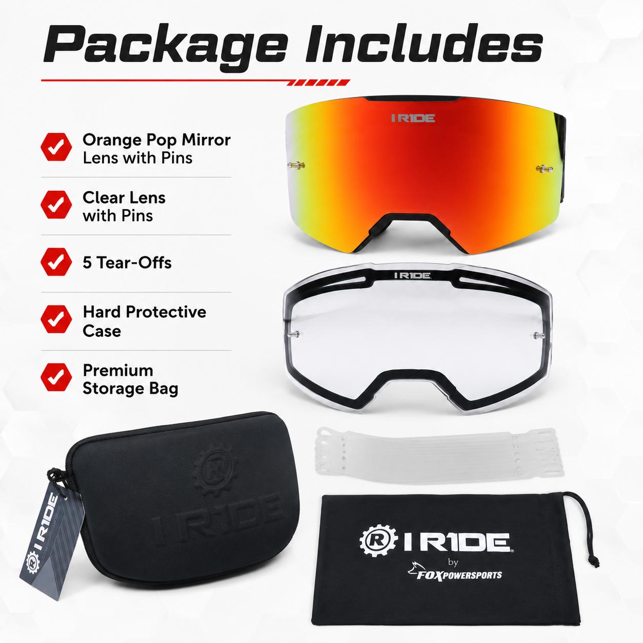 I RIDE AIRTIME PRO Motocross Goggles – Black Frame – Magnetic Lens, Orange Mirror + Clear Lens, 5 Tear-Offs, Hard Case & Bag – MX Dirt Bike ATV UTV Off-Road Race Goggles by Fox Powersports