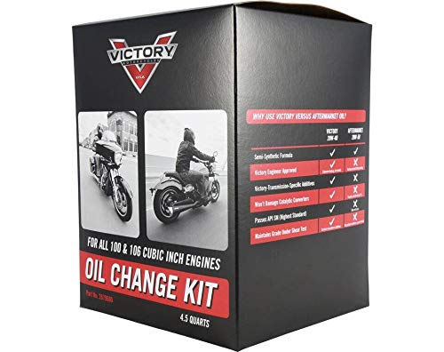 Victory Motorcycles Oil Change Kit for All 100 & 106 Cu In Engines, Includes 4.5 Quarts of 20W-40 Semi-Synthetic Motor Oil, 1 Oil Filter, 2 Washers, for Clutch Performance, Engine Protection - 2879600
