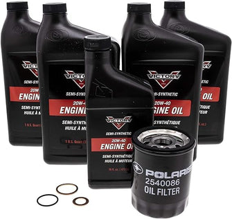 Victory Motorcycles Oil Change Kit for All 100 & 106 Cu In Engines, Includes 4.5 Quarts of 20W-40 Semi-Synthetic Motor Oil, 1 Oil Filter, 2 Washers, for Clutch Performance, Engine Protection - 2879600