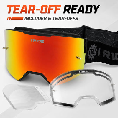 I RIDE AIRTIME PRO Motocross Goggles – Black Frame – Magnetic Lens, Orange Mirror + Clear Lens, 5 Tear-Offs, Hard Case & Bag – MX Dirt Bike ATV UTV Off-Road Race Goggles by Fox Powersports