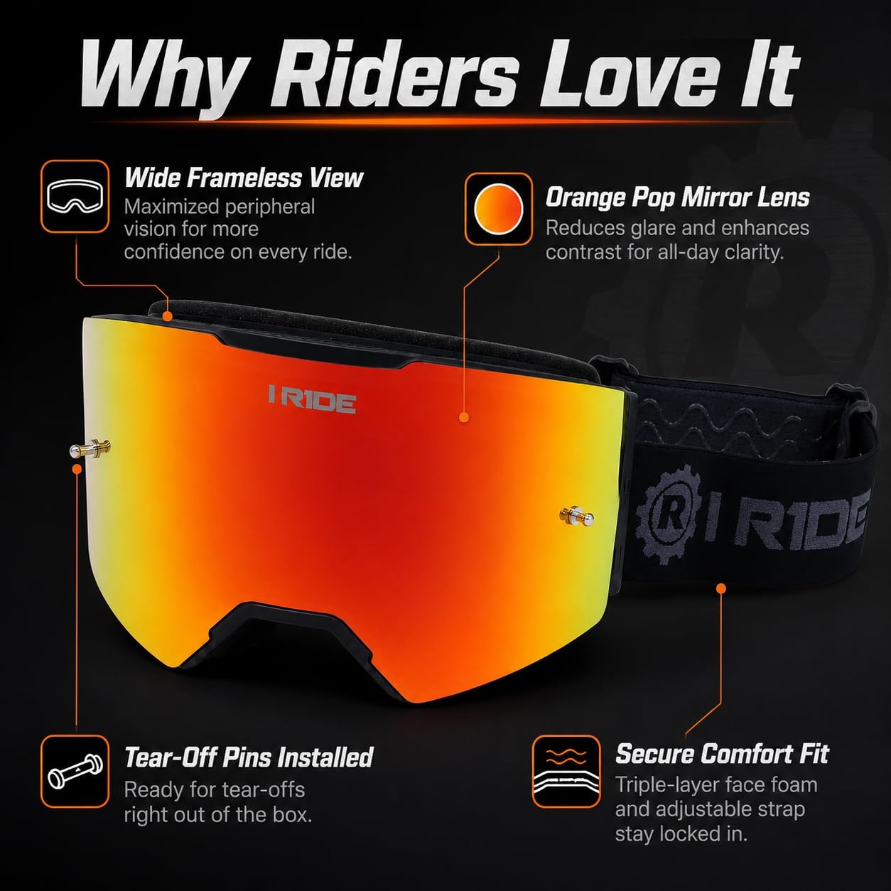 I RIDE AIRTIME PRO Motocross Goggles – Black Frame – Magnetic Lens, Orange Mirror + Clear Lens, 5 Tear-Offs, Hard Case & Bag – MX Dirt Bike ATV UTV Off-Road Race Goggles by Fox Powersports