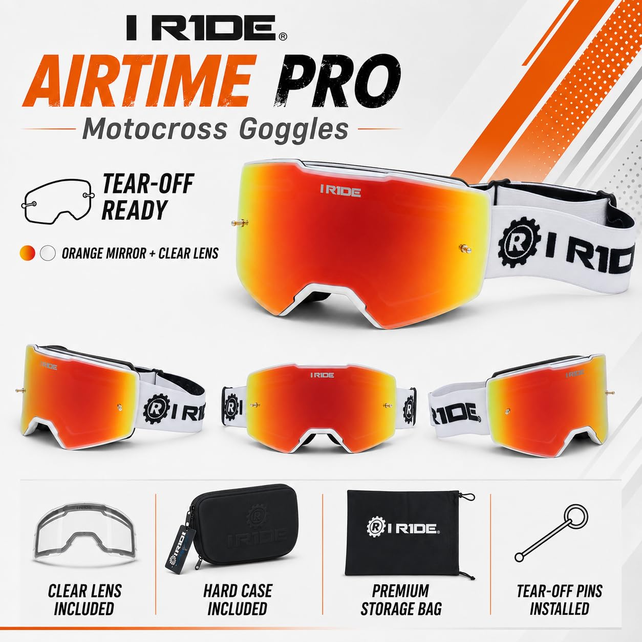 I RIDE AIRTIME PRO Motocross Goggles – White Frame – Magnetic Lens, Or